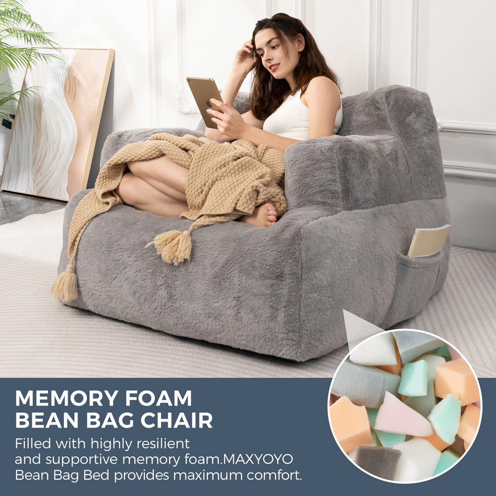 MAXYOYO Bean Bag Chair for Adults & Kids - Oversized Lazy Sofa with Armrests, Soft Grey Faux Fur - Perfect for Living Room, Bedroom, Game Room & Dorm Relaxation