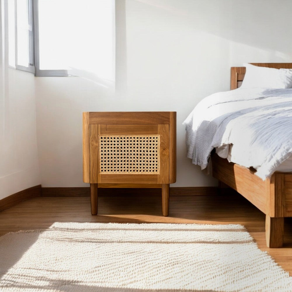 Bruno Teak Wood Nightstand - Modern Bedside Table with Drawer for Bedroom, Living Room, or Office - Solid Wood End Table with Storage Space