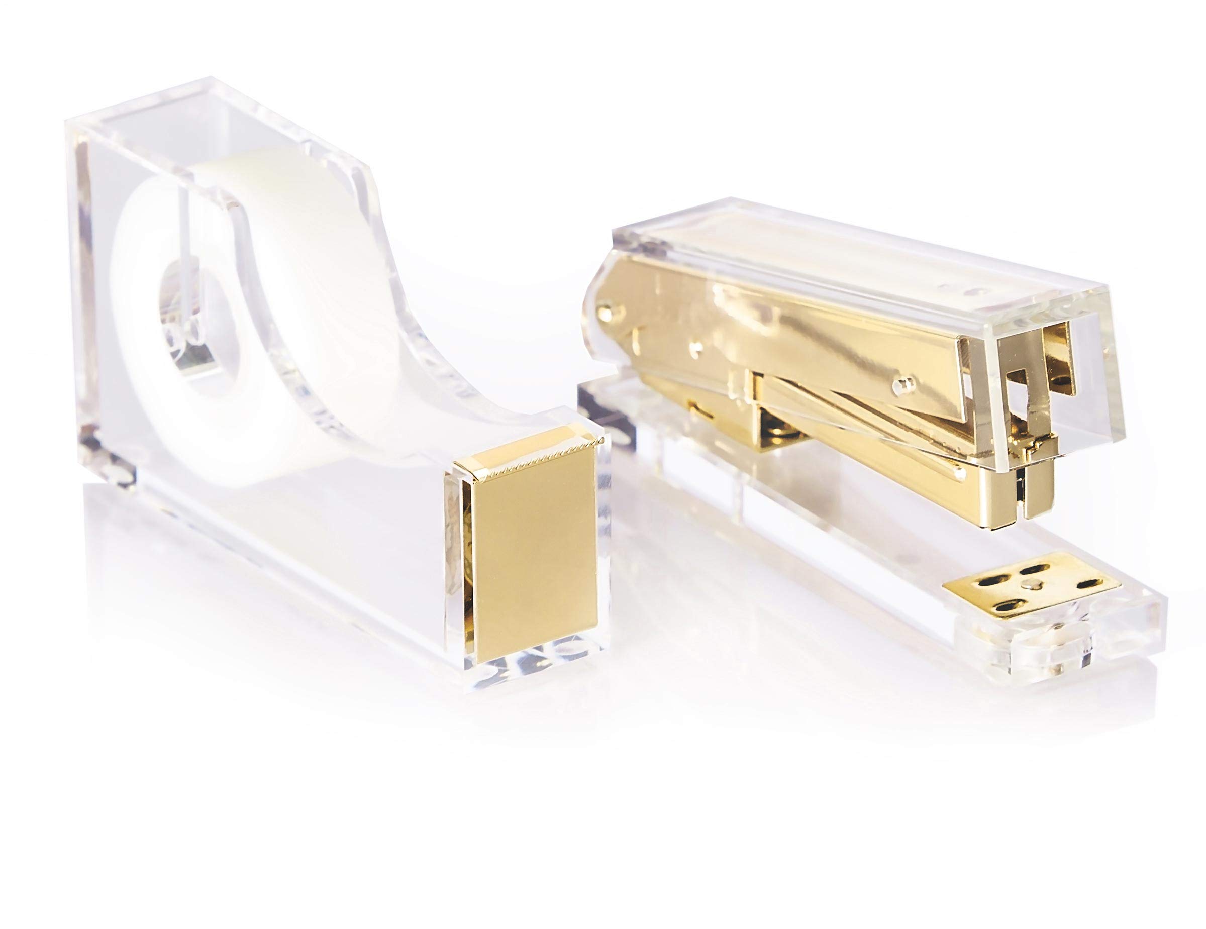 Luxury Acrylic Stapler and Tape Dispenser Set - Gold Office Supplies for Desk Organization | Elegant Gift for Home & Office Use | Modern Stationery for Professionals