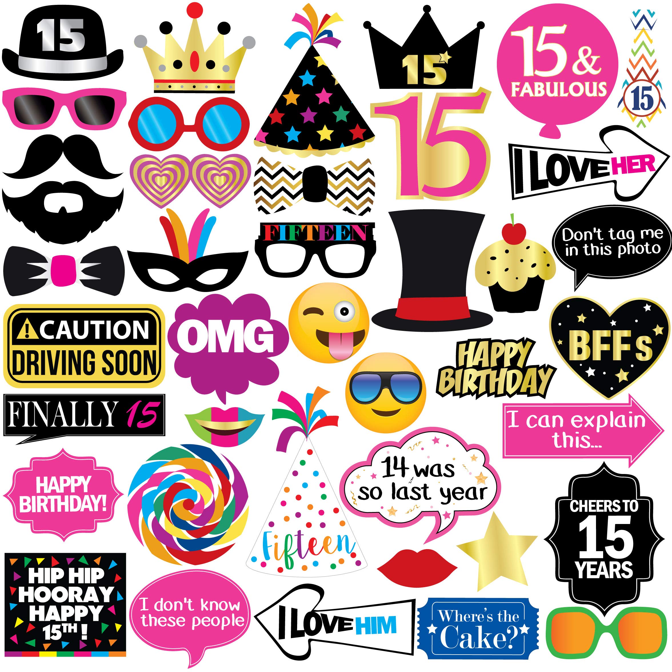 15th Birthday Photo Booth Props Kit - 40 Pcs Funny Teen Party Decorations & Favors for Sweet 16, Quinceañera, Graduation Celebrations - Perfect for Instagram-Worthy Memories