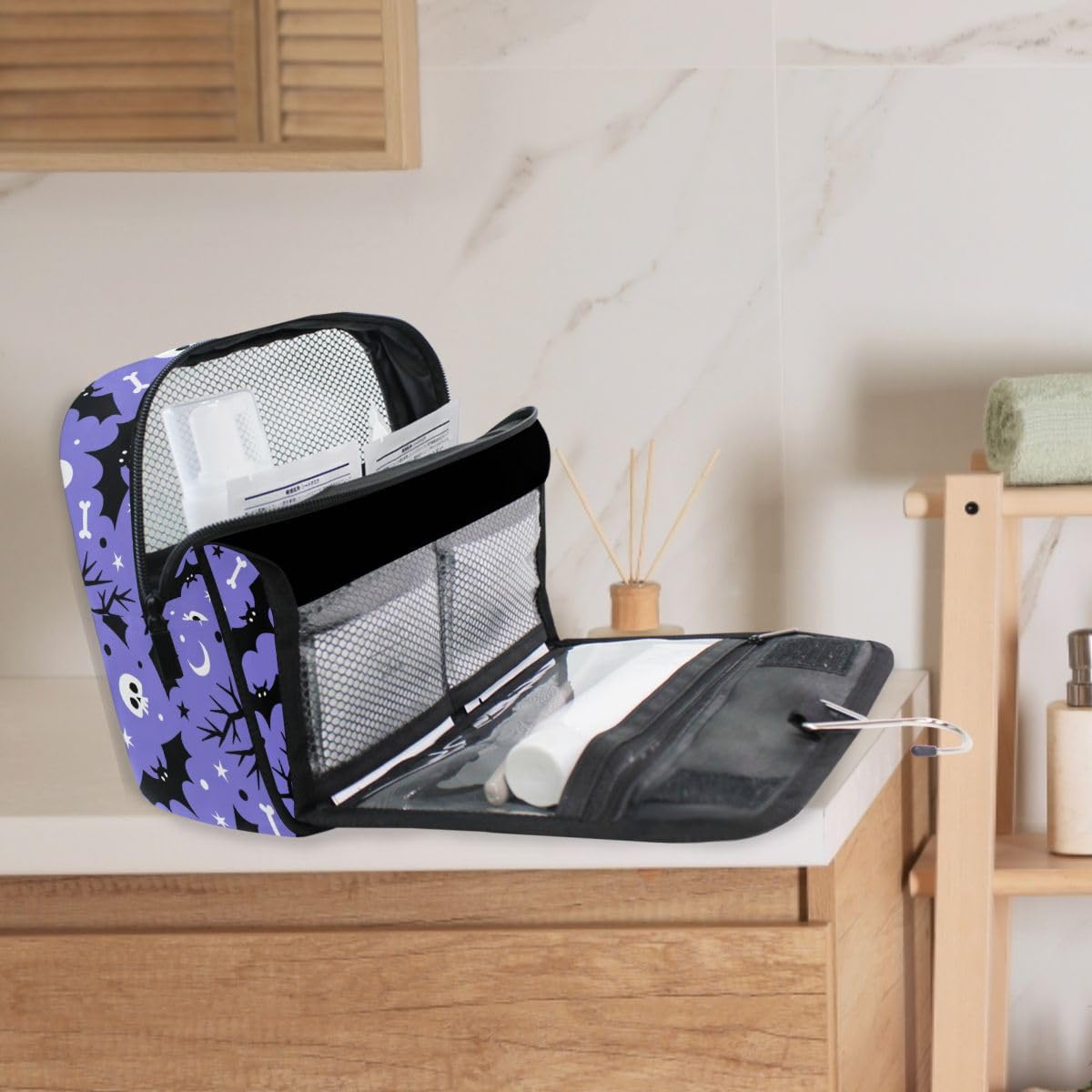 Waterproof Hanging Toiletry Bag for Women Travel - Portable Cosmetic Organizer with Multiple Pockets, Halloween Bat Design Makeup Bag for Bathroom, Camping & Gym Essentials Storage