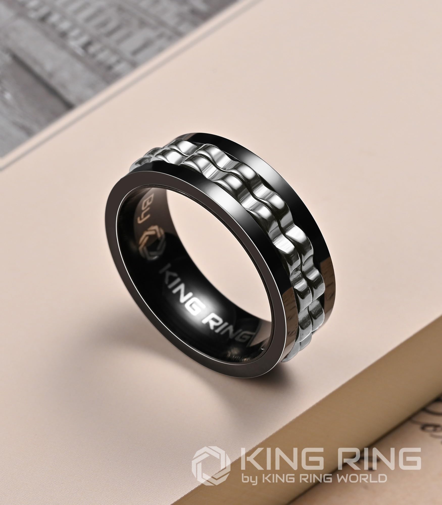 8mm King Ring Gear Spinner Fidget Ring for Men & Women - Ultra Polished Stainless Steel Anxiety Relief Ring - Perfect for Stress Relief, Focus & Office Use - Designed in USA