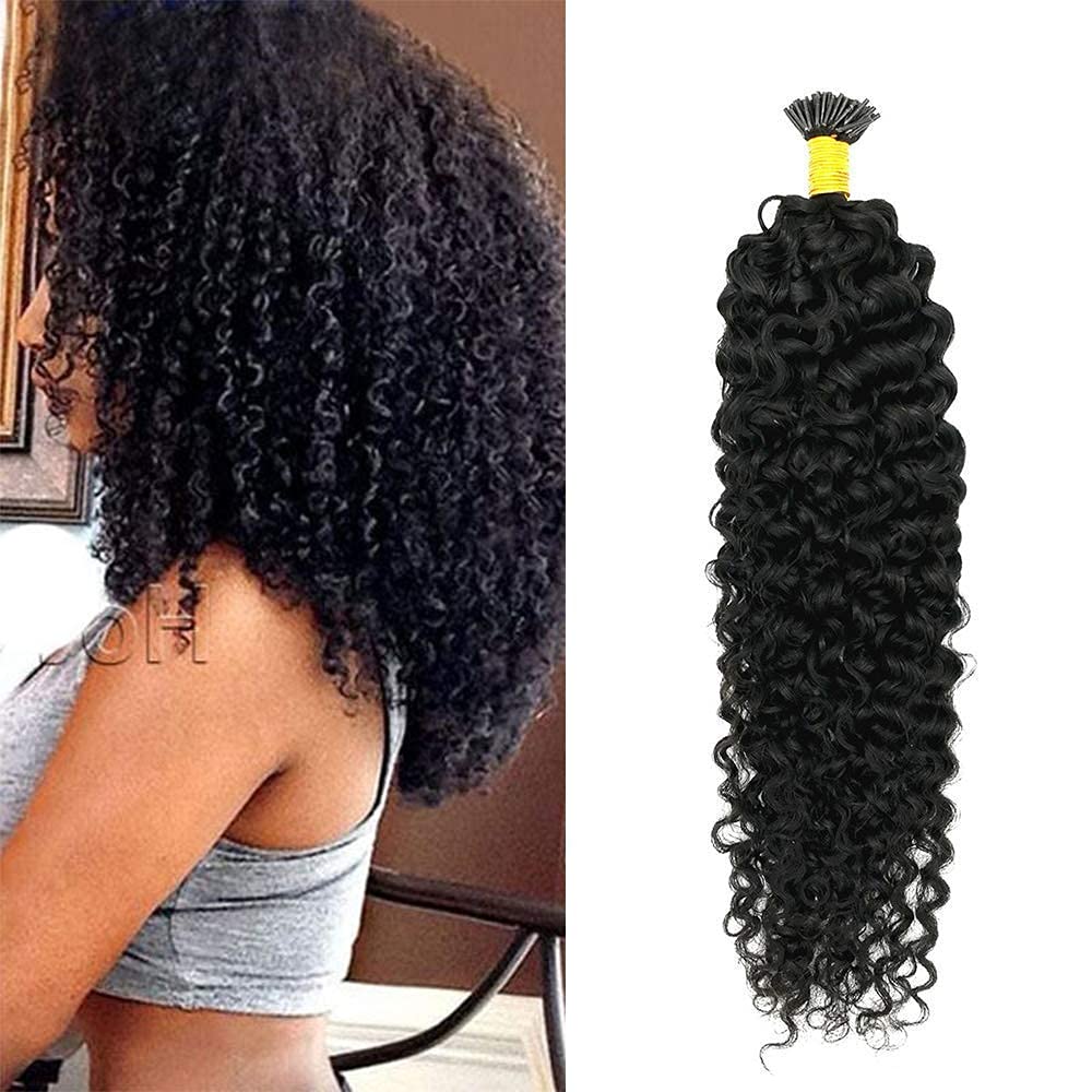Kinky Curly I-Tip Human Hair Extensions 100g 100 Strands - Brazilian Remy Hair for African American Fusion - Small Curly Pre-Bonded Stick I-Tip - 16 Inch Natural Black | Perfect for Protective Styles, Weaves & Natural Hair Blending