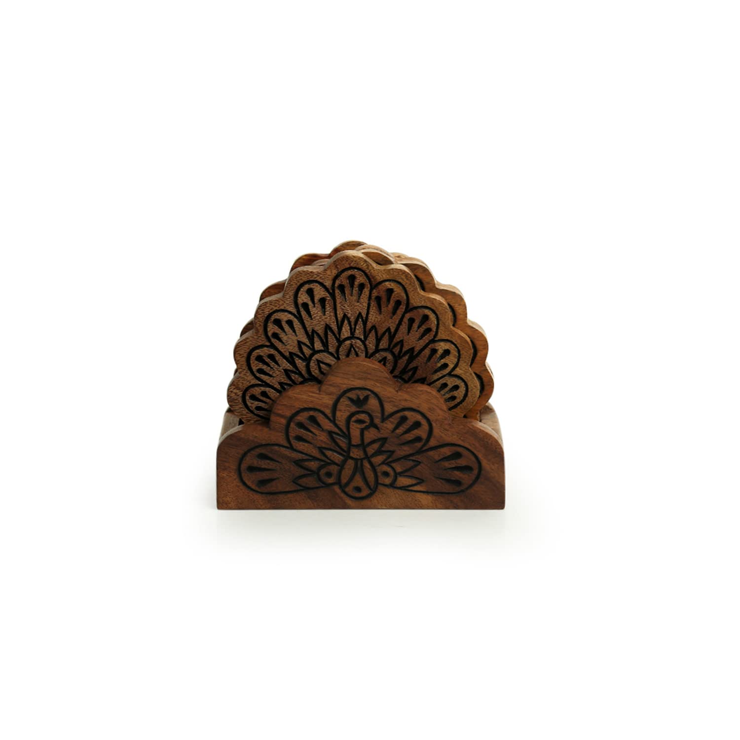 Hand Carved Sheesham Wood Coasters Set of 4 with Holder - 'The Dancing Peacock' Design for Coffee & Tea Cups - Elegant Dining Table Accessories for Home Decor | Perfect for Parties, Office Use & Gift Giving