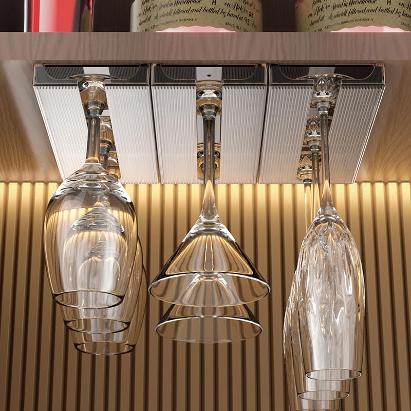 Under Cabinet Wine Glass Hanger - 4 Pack Translucent Stemware Holder for Kitchen & Bar Storage | Space-Saving Glass Organizer for Wine, Cocktail & Champagne Glasses (Grey) - Perfect for Small Kitchens, Home Bars & Entertaining Spaces