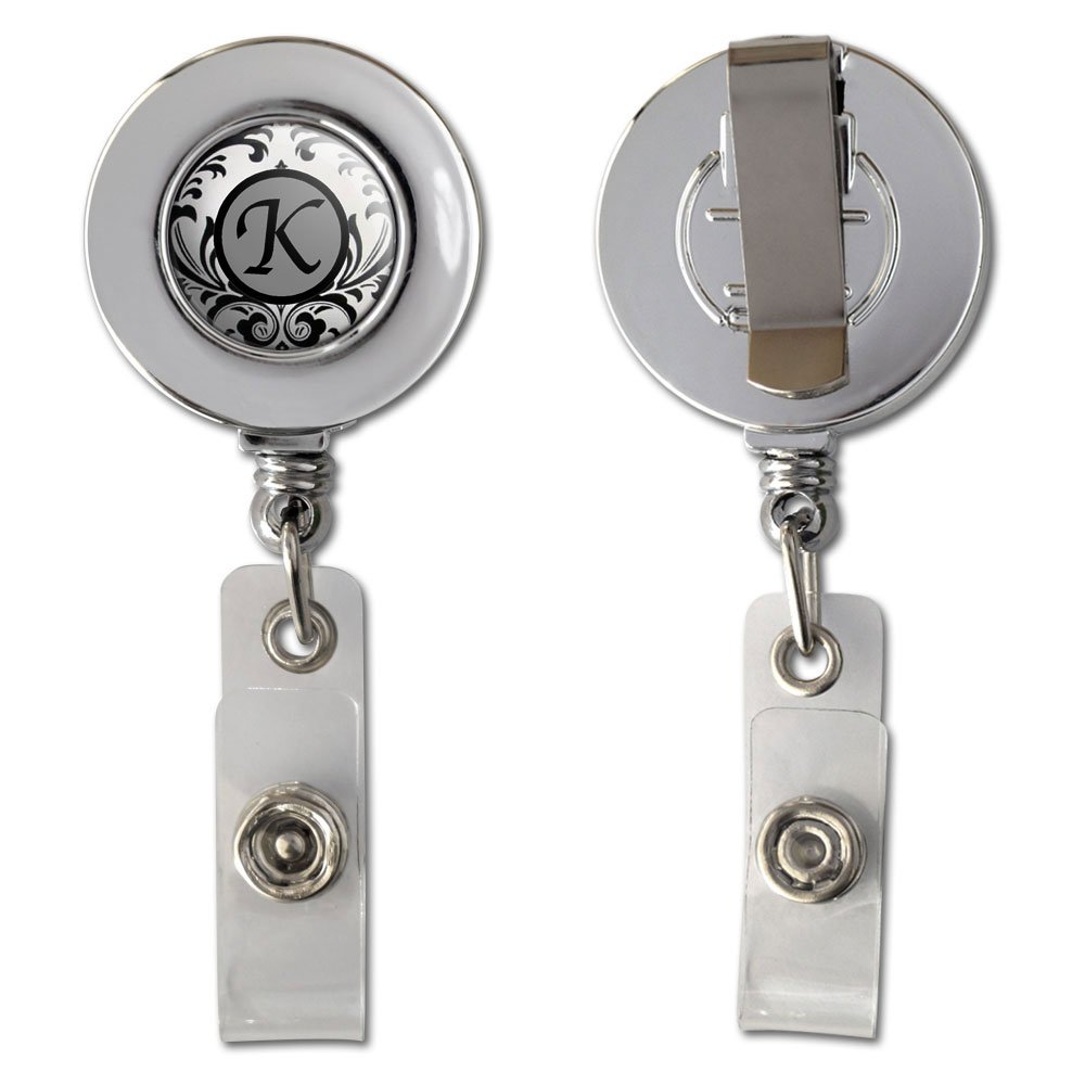 Premium Retractable Badge Reel with Elegant Letter K Design - Chrome ID Card Holder Clip for Office, Security, and Corporate Events