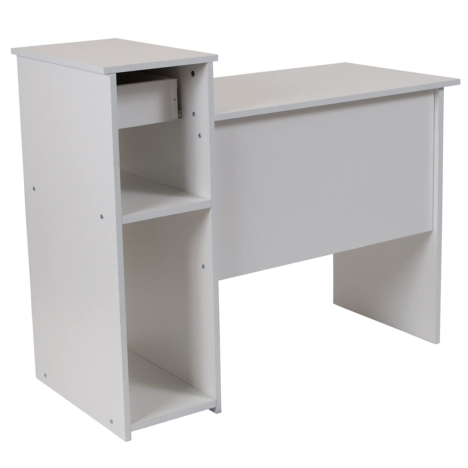 Flash Furniture Highland Park White Computer Desk with Shelves and Drawer - Modern Home Office Desk for Work, Study & Gaming - Compact Writing Desk with Storage Shelf & File Drawer - Perfect for Small Spaces, Dorm Rooms & Apartments