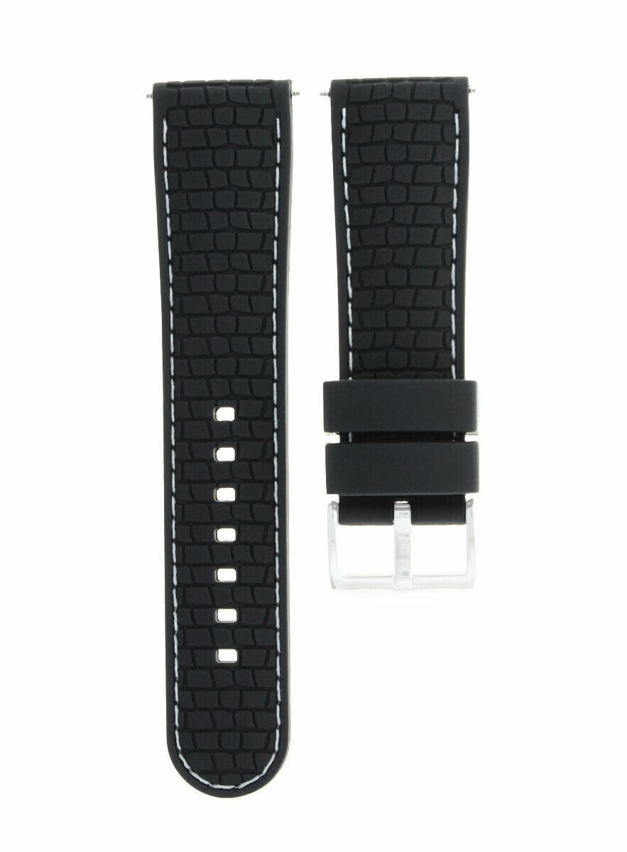 24mm Black Rubber Strap for Fossil Watch - White Stitching | Durable Replacement Band for Casual & Sports Wear