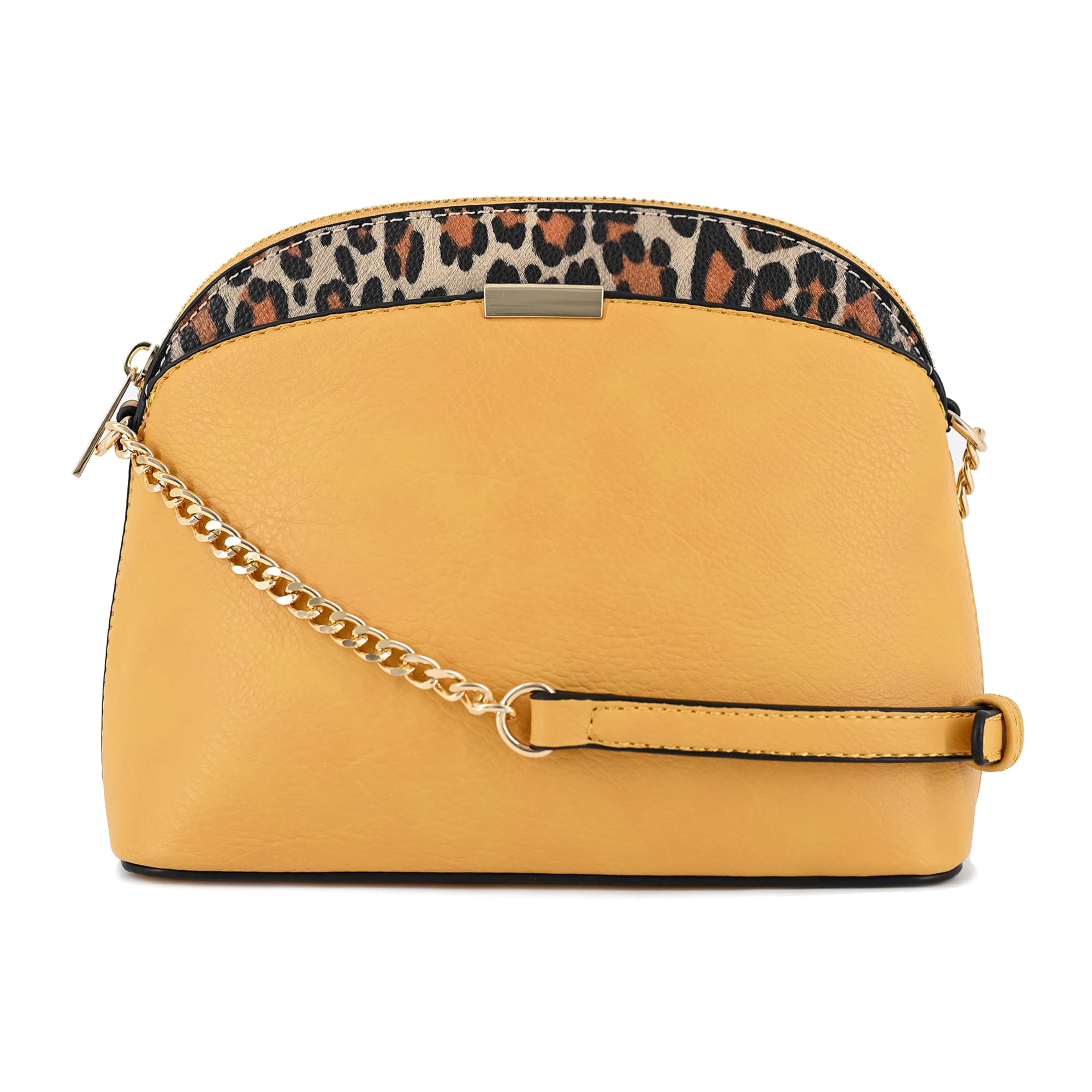 V+BENIE Paisley & Leopard Print Small Dome Crossbody Bag with Chain Strap - Women's Fashion Handbag in Mustard Yellow for Casual Outings, Date Night & Travel Accessories