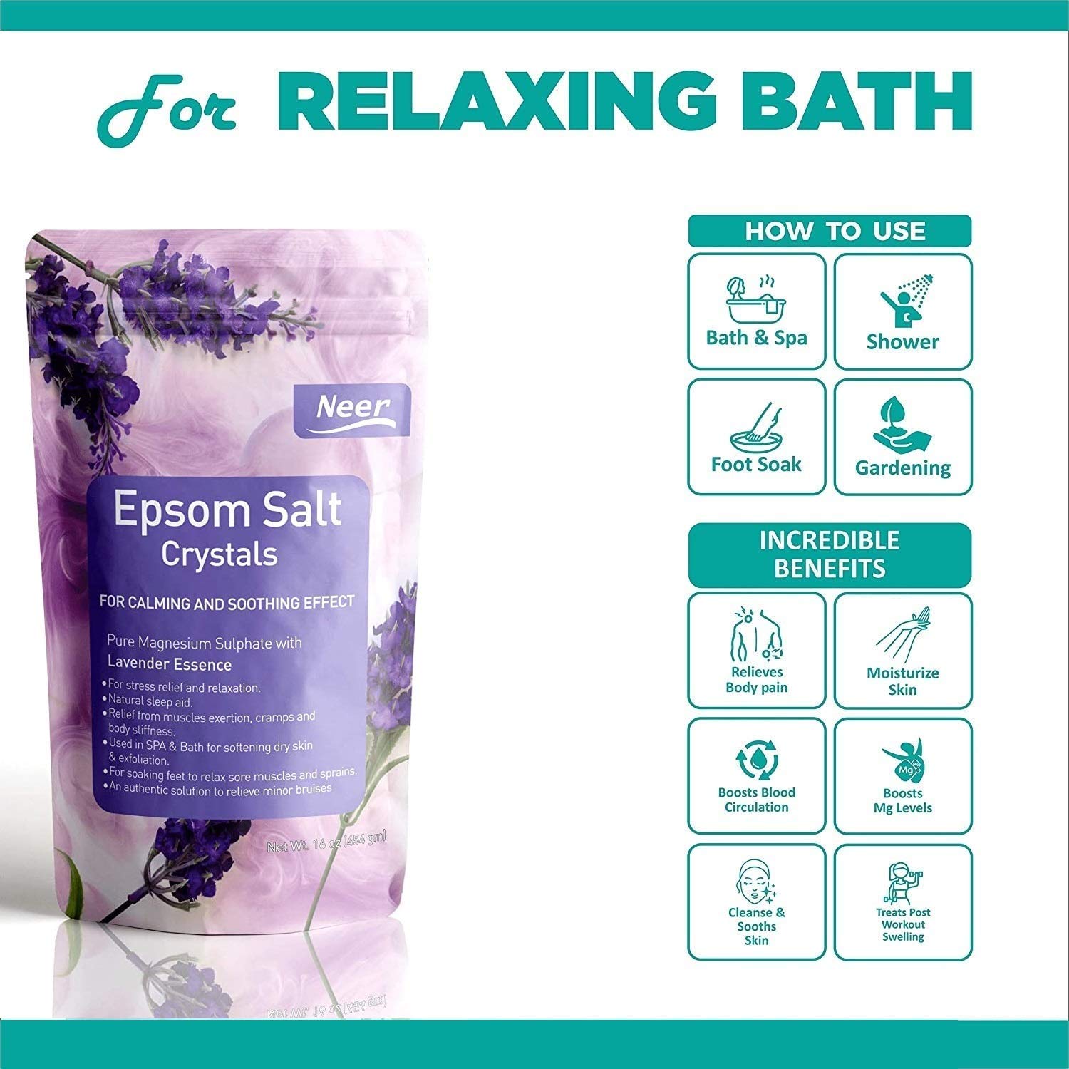 NEERCHEM Lavender Epsom Salt Crystals - 16oz (454g) Pure Magnesium Sulfate for Relaxation, Muscle Recovery & Stress Relief | Perfect for Bath Soak, Foot Soak & Aromatherapy Spa at Home