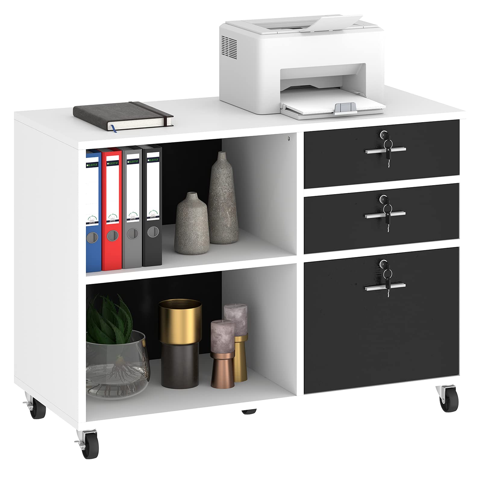 YITAHOME 3-Drawer Wood File Cabinet with Wheels, Mobile Lateral Filing Storage Cabinet & Printer Stand with 2 Open Shelves - White, 35