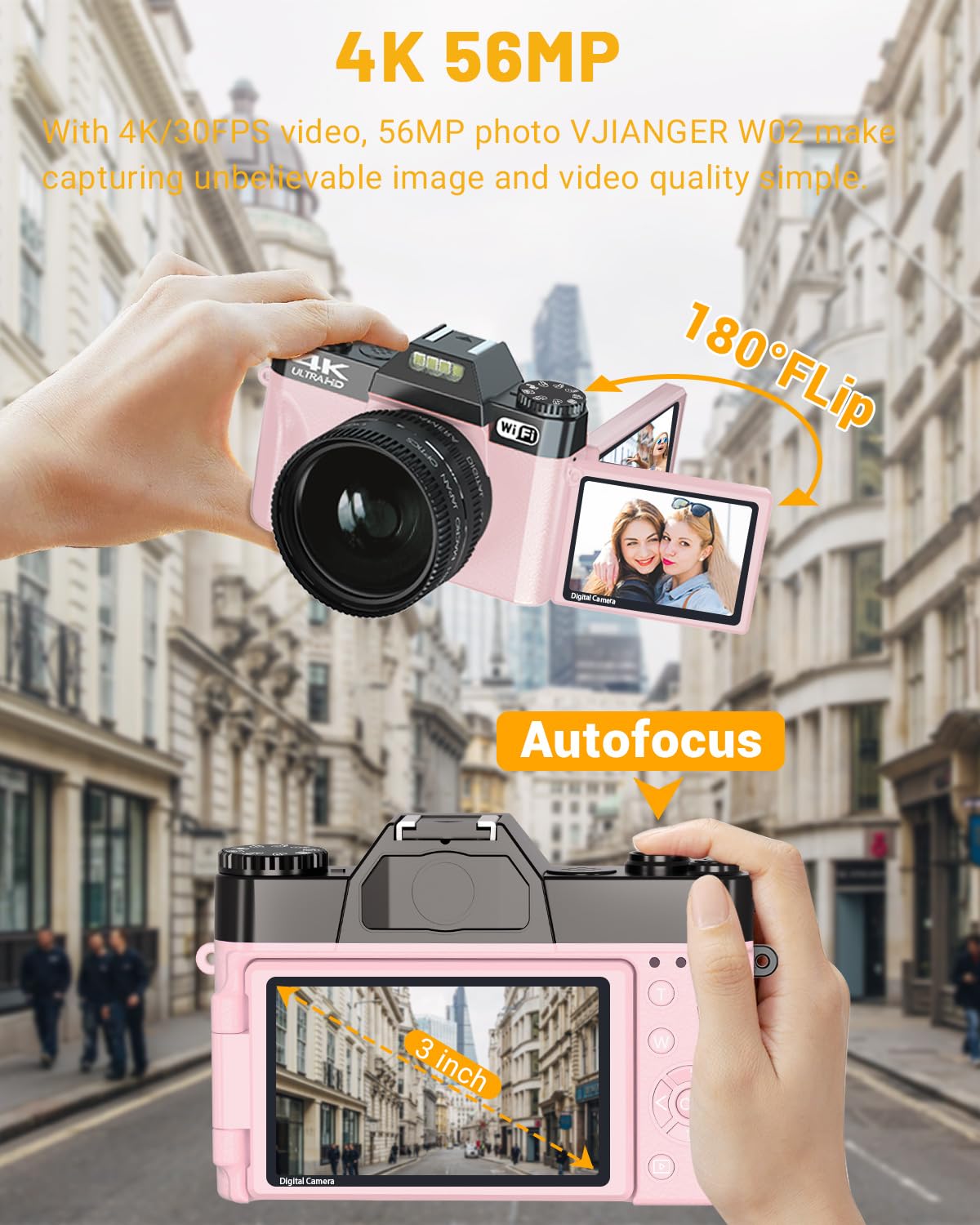 2024 Upgraded VJIANGER 4K 56MP Digital Camera with WiFi - 180° Flip Screen, 16X Zoom, 52mm Lens - Perfect for YouTube Vlogging, Travel Photography & Content Creation (Includes 2 Batteries & 32GB SD Card, Pink)