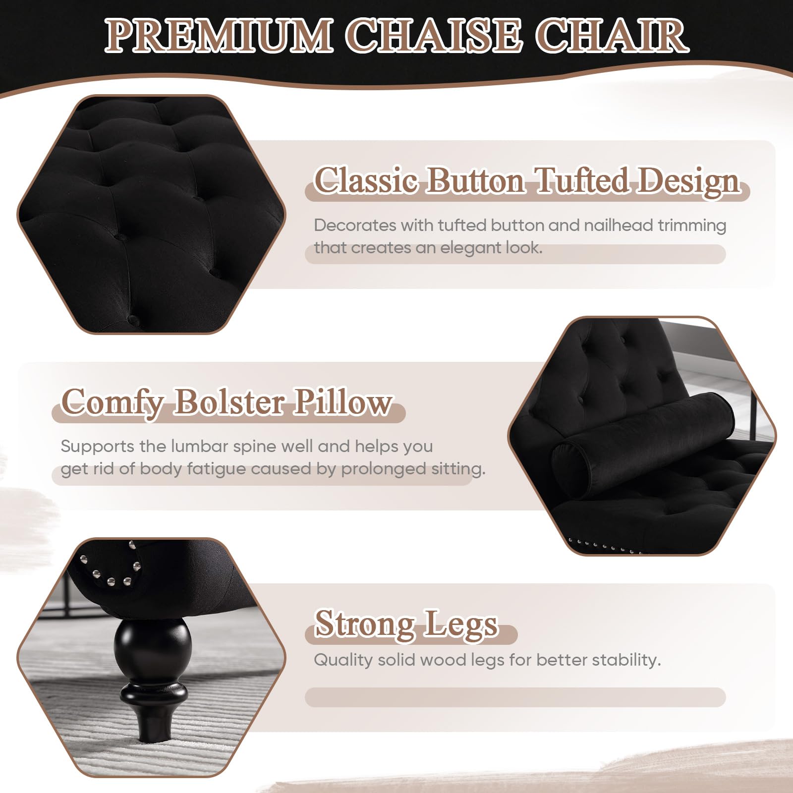 Luxury Velvet Chaise Lounge Chair with Button Tufted Design & Solid Wood Legs - Modern Accent Chair with Lumbar Pillow for Living Room, Bedroom - Perfect for Relaxing, Reading & Napping (Black)