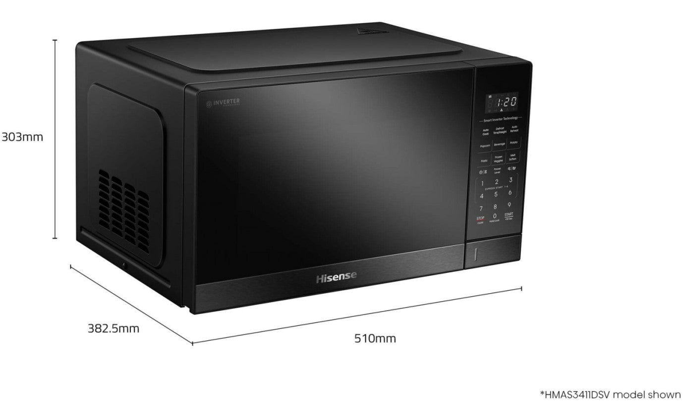 Hisense 34L 1100W Inverter Microwave Oven - Black Mirror Design (HMAS3411BMV) for Fast Cooking, Reheating & Defrosting in Modern Kitchens