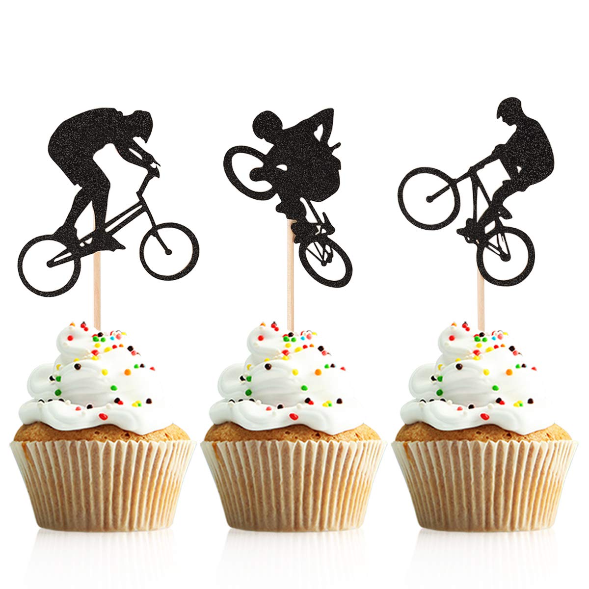 48 Pcs Glitter BMX Bicycle Cupcake Toppers - Bike Theme Cake Decorations for Birthday Parties, Baby Showers & Cycling Events - Edible Cupcake Picks for Dessert Decor