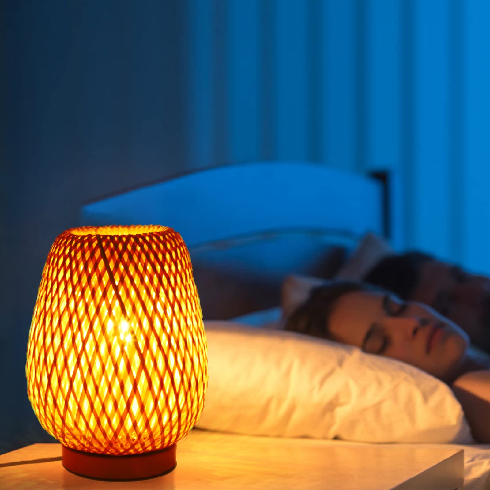 Schindora Handmade Boho Bamboo Small Table Lamp - Wicker Woven Natural Desk Light for Bedroom, Living Room & Office - Nightstand Reading Lamp with Warm White Bulb - Perfect for Cozy Home Decor, Meditation Spaces & Gift Giving
