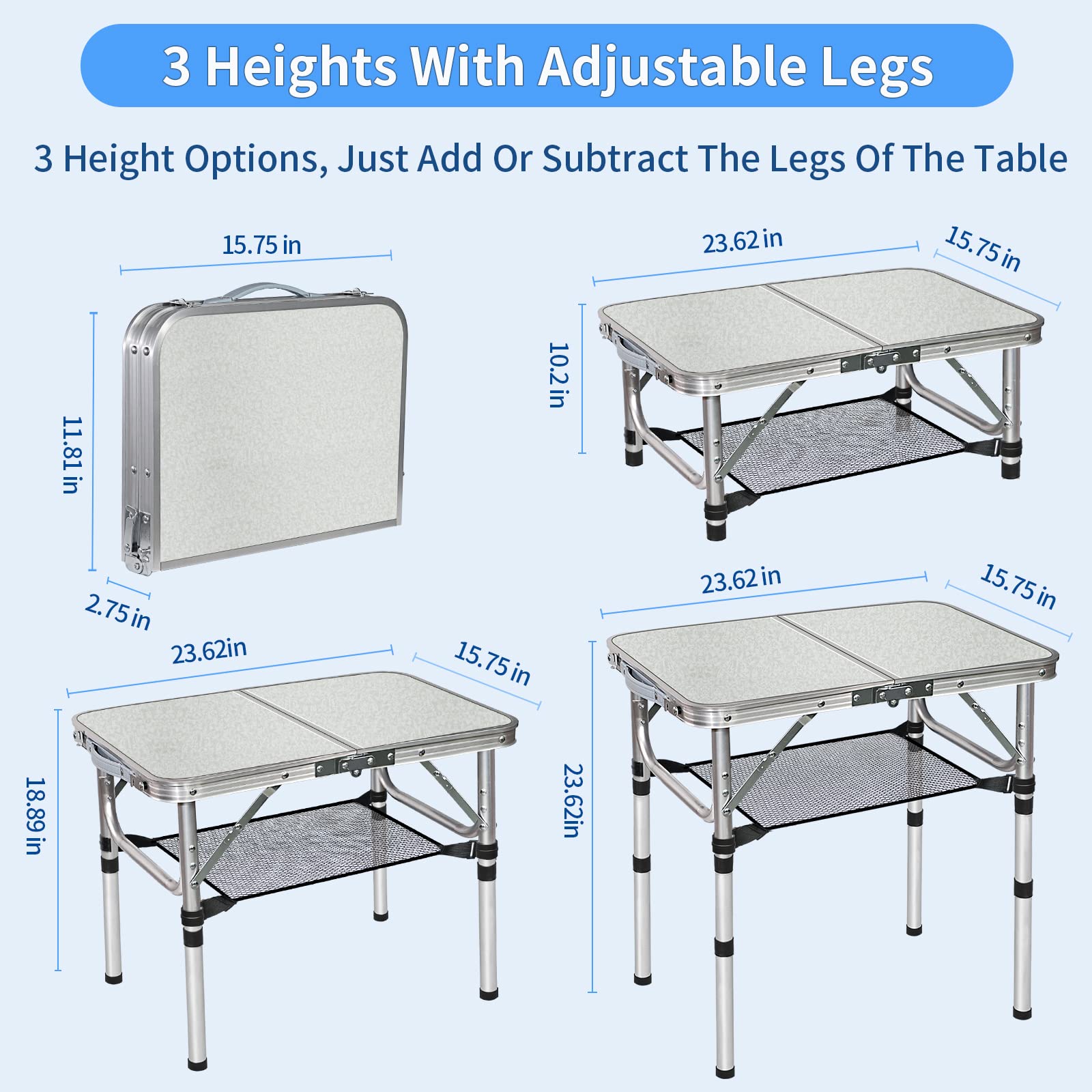 **Compact 3-Height Adjustable Folding Table - 2FT Portable Camping & Outdoor Table with Mesh Storage, White Metal Beach & Patio Table for BBQ, Picnics, and Travel**    *(Perfect for camping trips, beach outings, backyard BBQs, picnics, and small-space living!)*