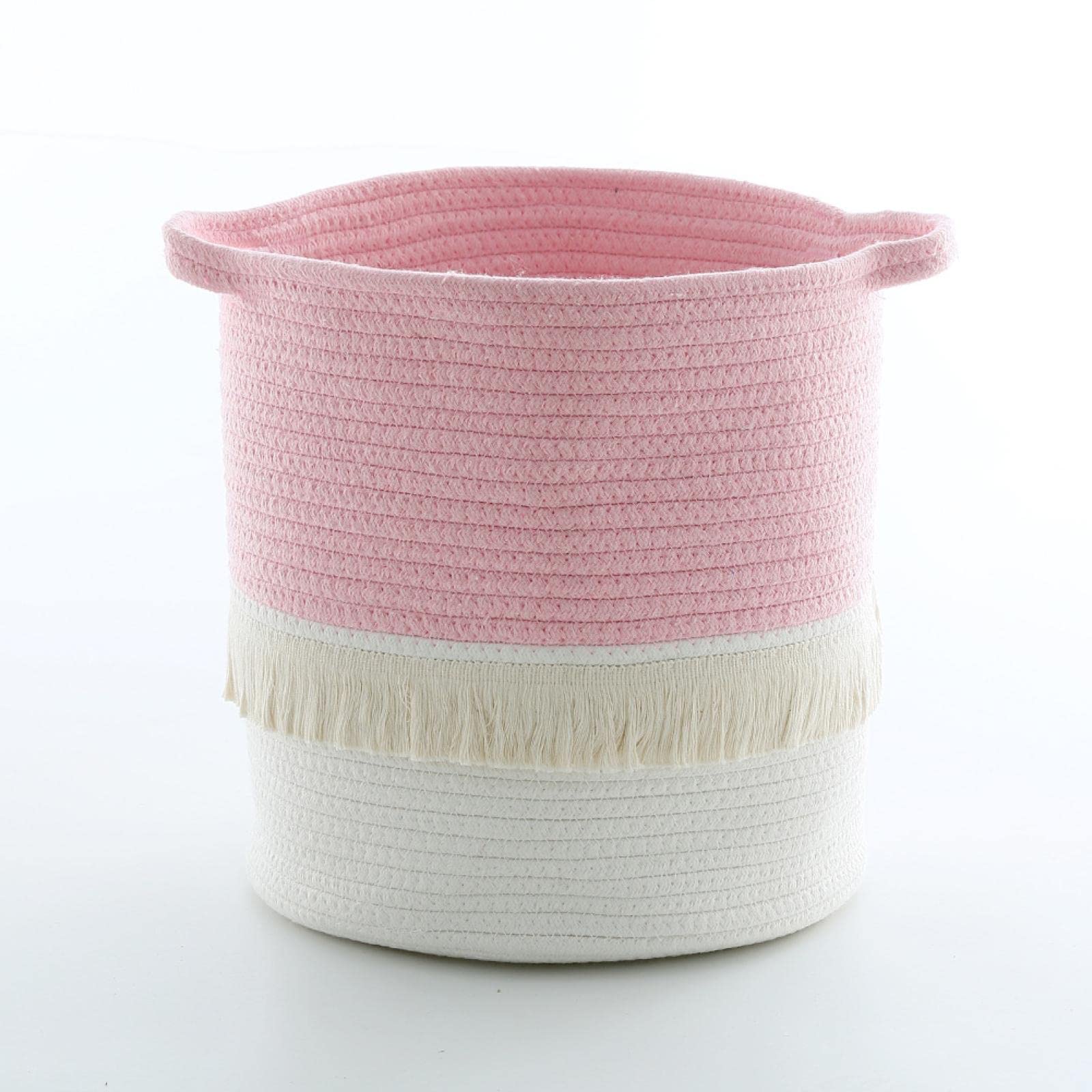 2-Pack Cotton Woven Storage Baskets with Tassels - Pink Laundry & Toy Organizer for Home Decor, Kids Room, Nursery, and Bathroom Storage