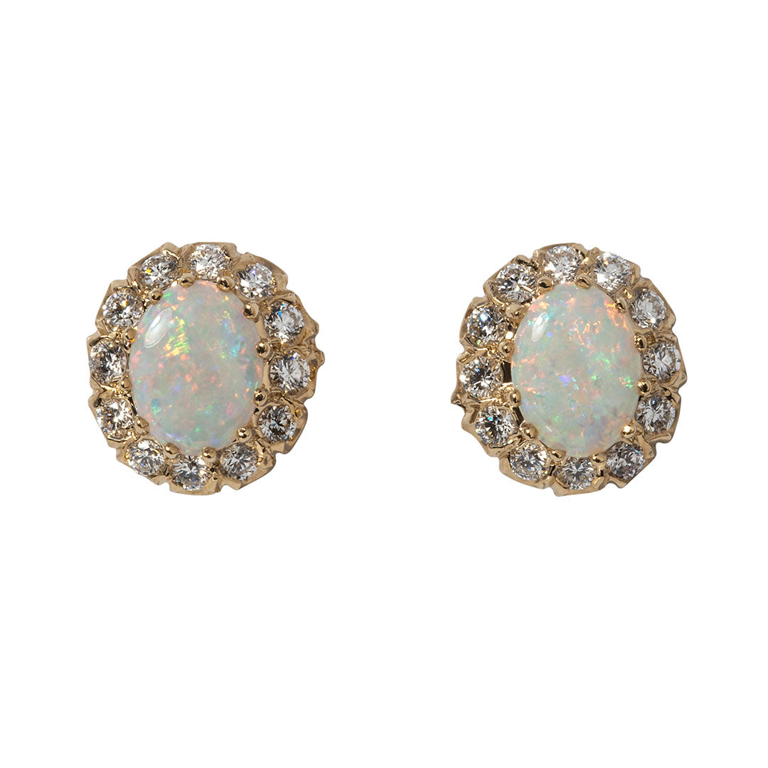 14K Yellow Gold Oval Opal & Diamond Cluster Earrings for Women - Elegant Jewelry Gift for Birthday, Anniversary & Special Occasions