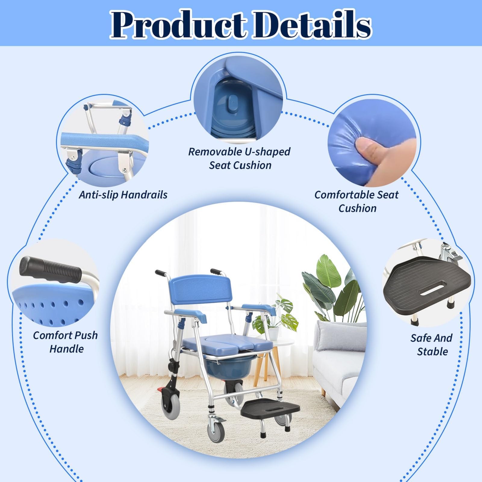 4-in-1 Folding Shower Commode Chair with Locking Wheels & Removable Bucket - Adjustable Height Mobile Toilet Chair for Elderly & Disabled - Ideal for Bathroom Safety, Post-Surgery Recovery & Home Care Use