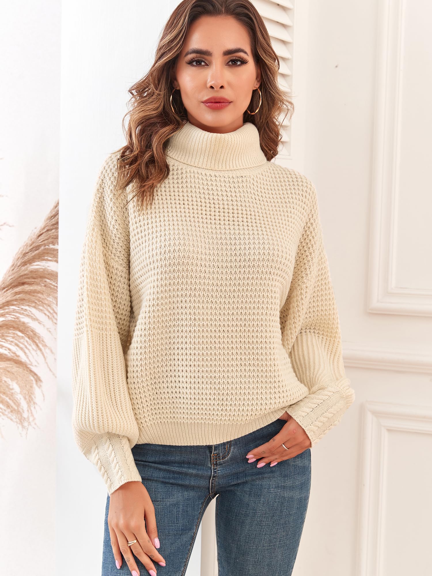 Women's Oversized Turtleneck Sweater - Long Lantern Sleeve Waffle Knit Pullover Jumper Top for Winter Warmth & Casual Outfits | Perfect for Office, Date Night & Holiday Gatherings