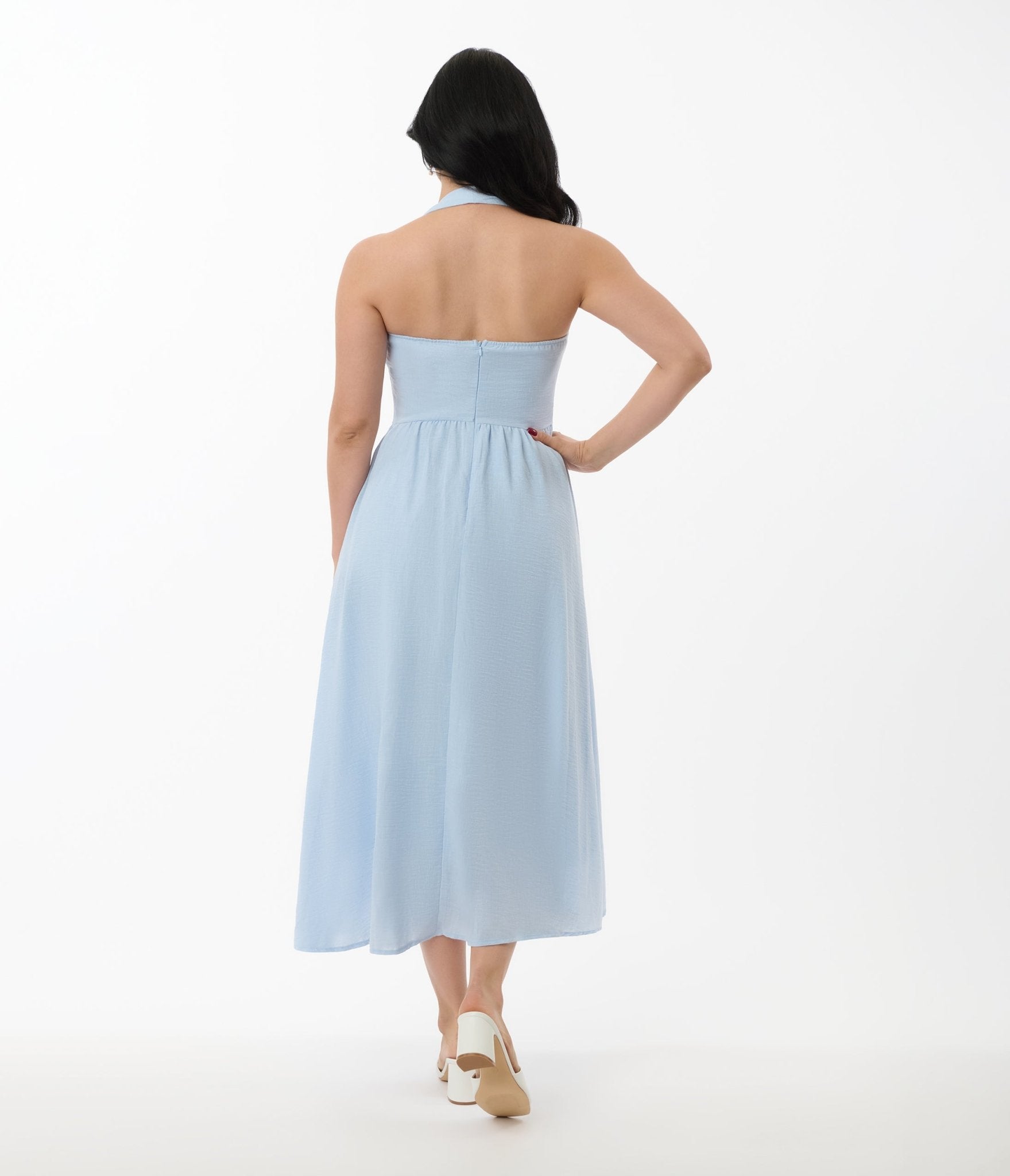 Light Blue Halter A-Line Midi Dress for Women | Summer Beach Party & Wedding Guest Outfit | Flowy Casual Dress with Side Slit