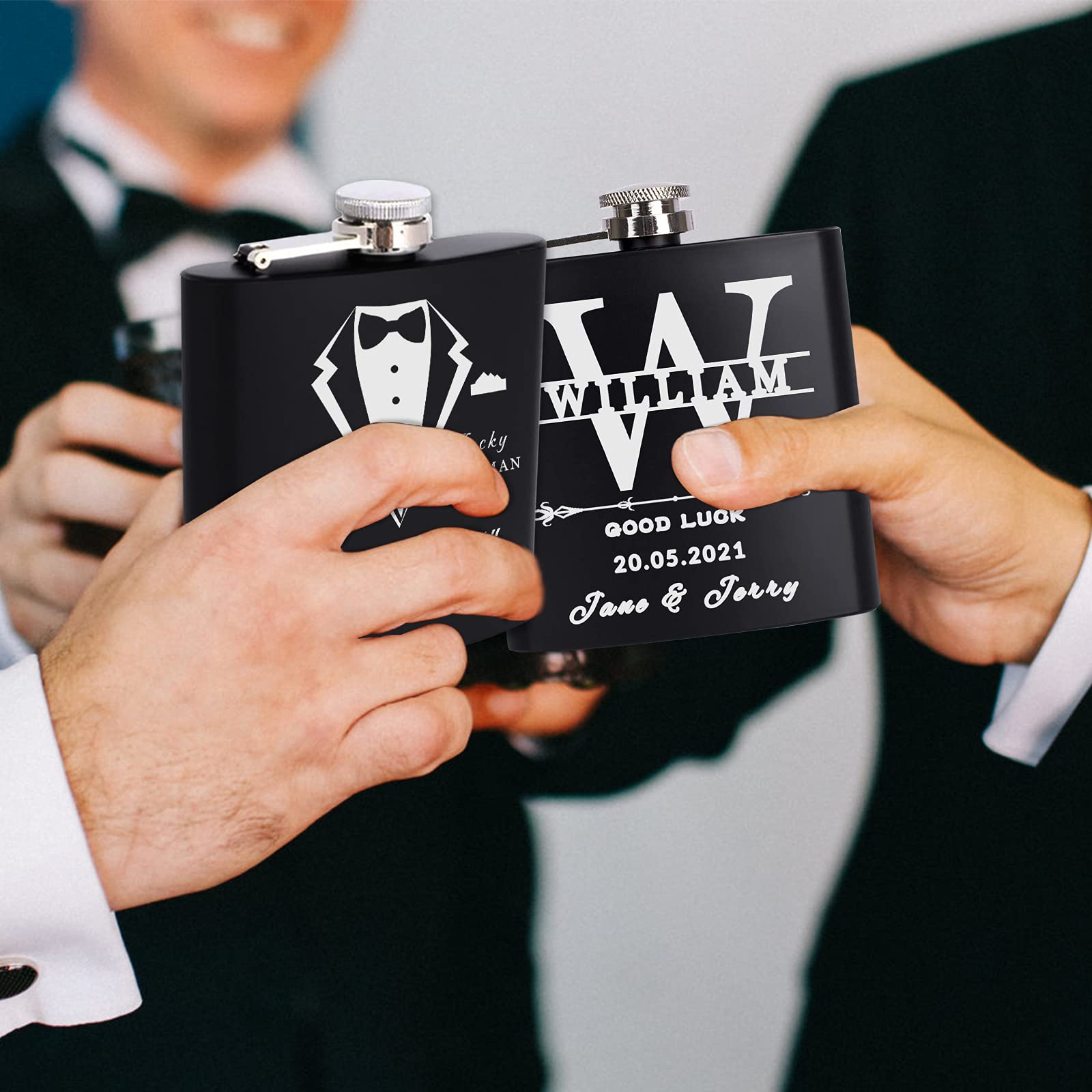 Personalized Engraved Black Flask for Men - Custom Wedding Gift for Groomsmen & Best Man - 6-8 oz Stainless Steel Flask - Perfect for Bachelor Parties, Weddings & Special Occasions