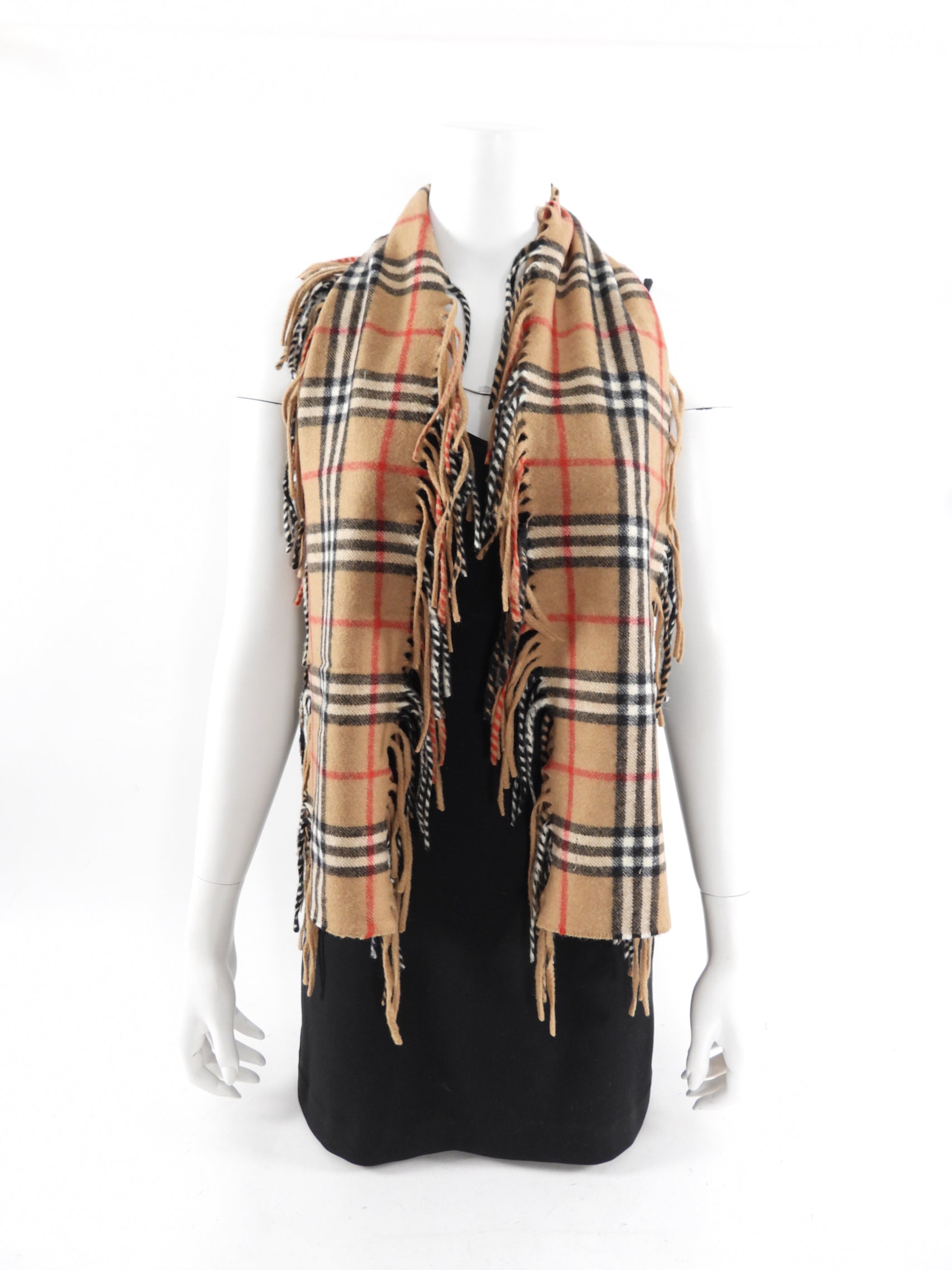 Burberry Tan Nova Check Cashmere Fringe Scarf - Luxury Wool Wrap for Women & Men - Perfect for Winter Fashion, Travel & Gift Giving