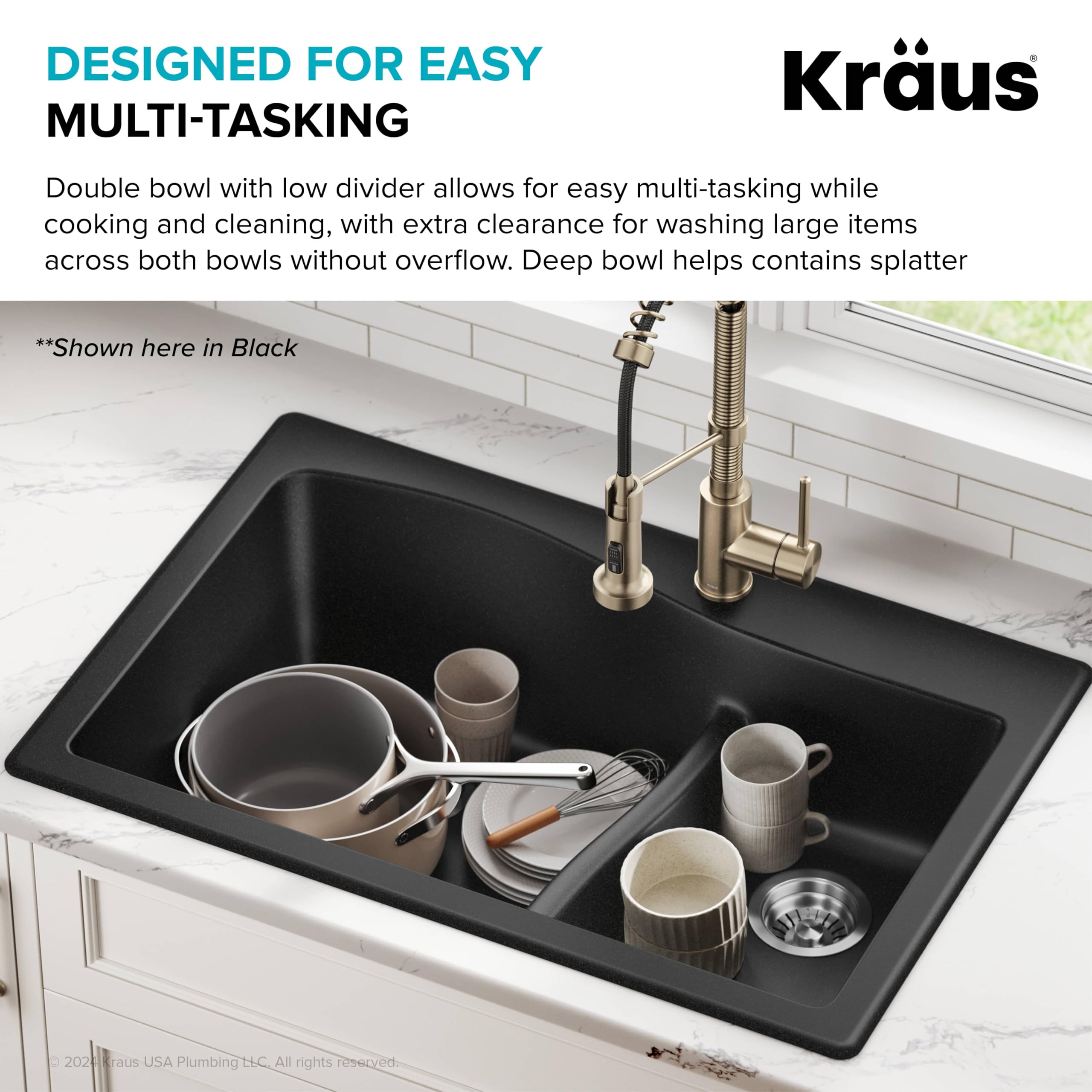 KRAUS Quarza 33-inch Drop-In/Undermount 60/40 Double Bowl Granite Composite Kitchen Sink in Gray - Durable & Stylish for Modern Kitchens, Perfect for Meal Prep and Cleanup (Model KGD-442GREY)