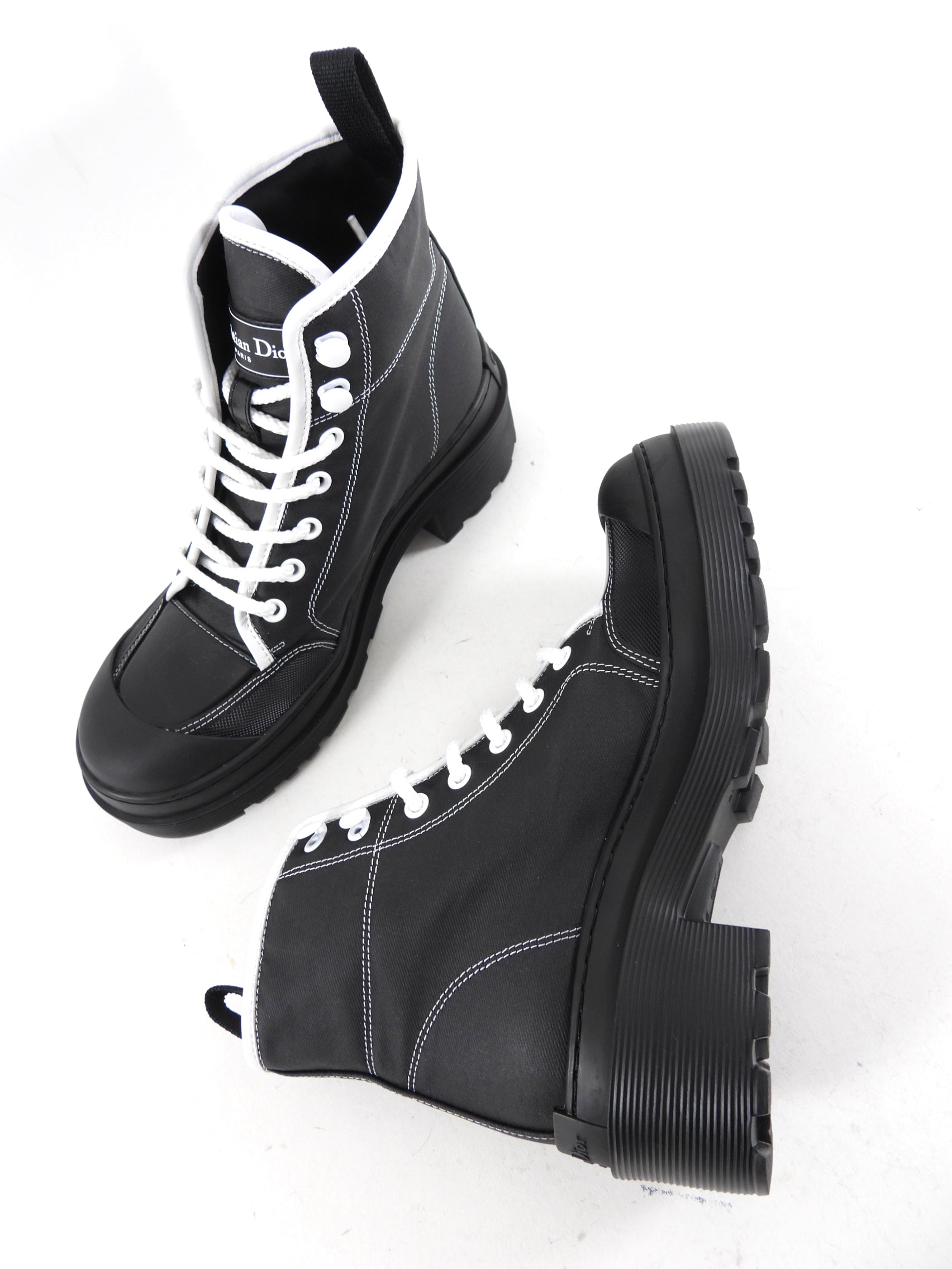 Dior Black and White Lace Up Ankle Boots Women's Size 36.5 - Stylish Chunky Heel Booties for Party, Date Night & Office Wear