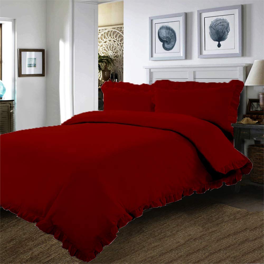 Luxury 100% Cotton 800 Thread Count Duvet Cover Set - King/Cal King Size Burgundy Ruffled Bedding with 1 Frilled Duvet Cover & 2 Pillowcases - 3-Piece Comforter Protector for Elegant Bedroom Decor - Perfect for Master Bedrooms, Guest Rooms & Luxury Hotels