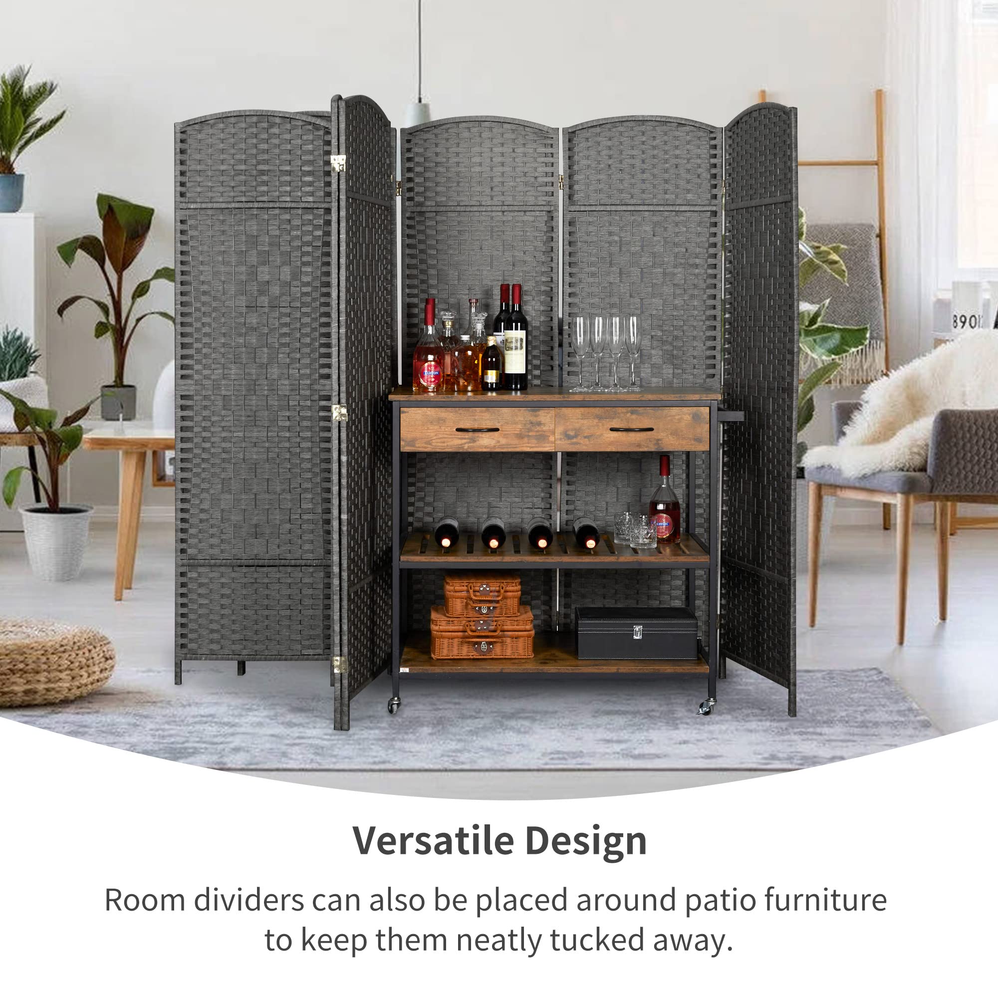 Duraspace 8-Panel 6FT Tall Woven Fiber Room Divider - Freestanding Double Hinged Folding Privacy Screen for Home, Office, Patio & Events (Gray) - Perfect for Creating Private Spaces Indoors & Outdoors