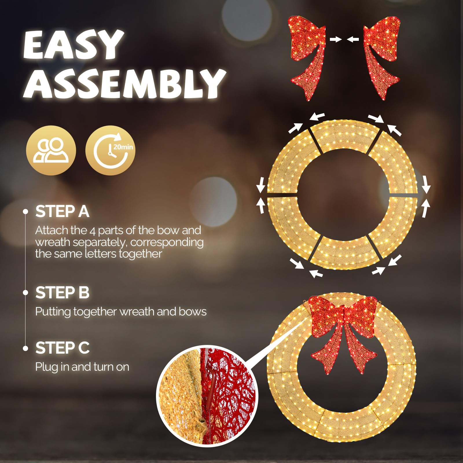 VINGLI 60 Inch Pre-lit Large Christmas Wreath with 400 LED Lights - Gold Holiday Decor with Red Bow, Timer & Remote Control - Outdoor Christmas Wreath for Garage Door, Porch & Holiday Decorations