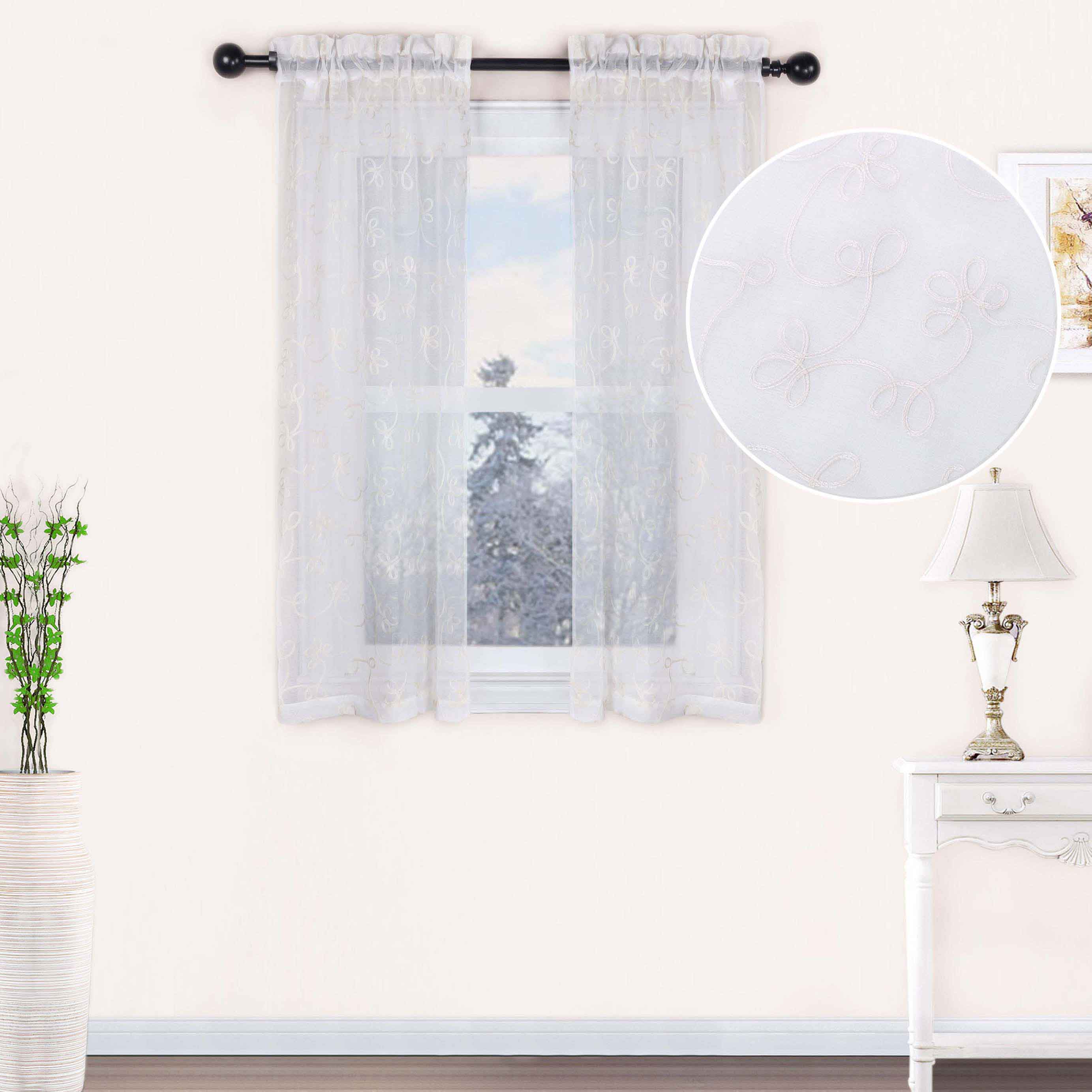 Embroidered Lightweight Sheer Floral Scroll Curtain Panel Set - Elegant Window Treatment for Living Room, Bedroom & Nursery Decor