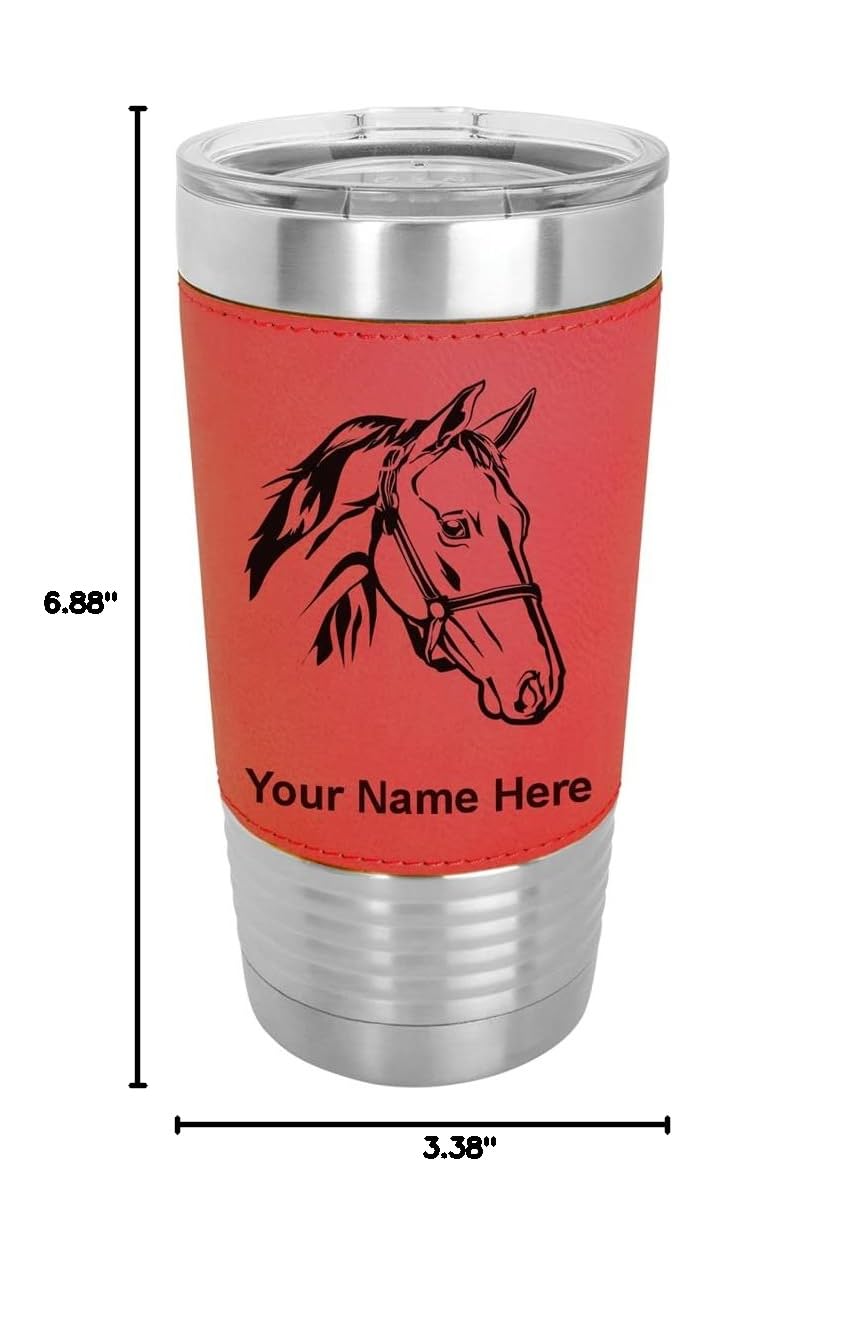 LaserGram 20oz Vacuum Insulated Stainless Steel Tumbler Mug with Horse Head Design - Personalized Engraving, Faux Leather Wrap & Leak-Proof Lid - Perfect for Coffee, Tea & Cold Drinks at Home, Office or Travel (Red)