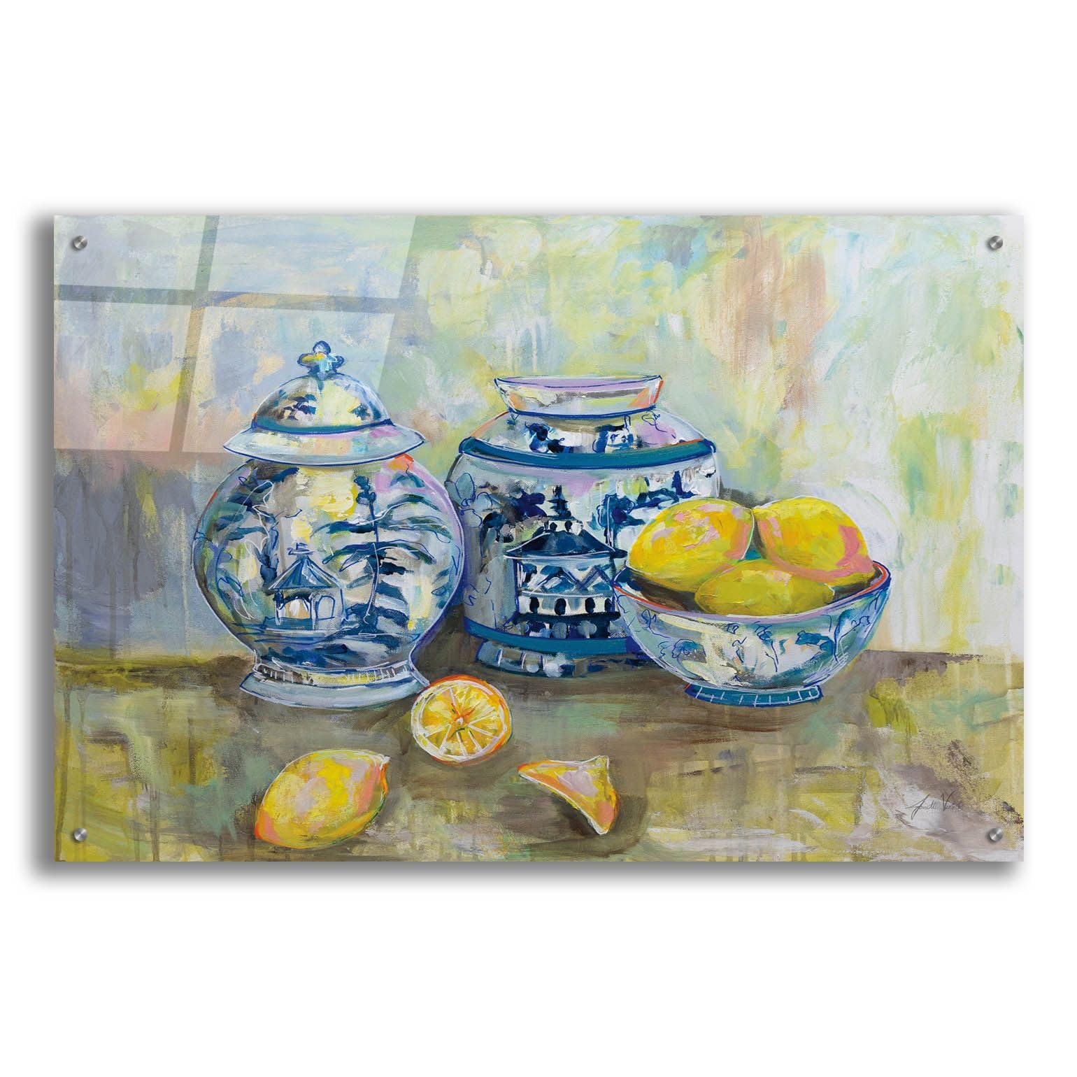 Epic Art 'Lemon Life' by Jeanette Vertentes - Vibrant Acrylic Glass Wall Painting 36x24 Inches - Modern Home Decor for Living Room, Bedroom & Office