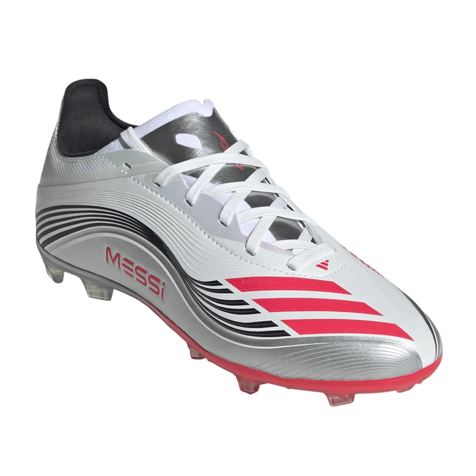 Adidas F50 Messi Elite Firm Ground Junior Soccer Cleats - White/Lucid Red/Silver Metallic - Youth Football Shoes for Firm Natural Grass Fields - Perfect for Training & Matches