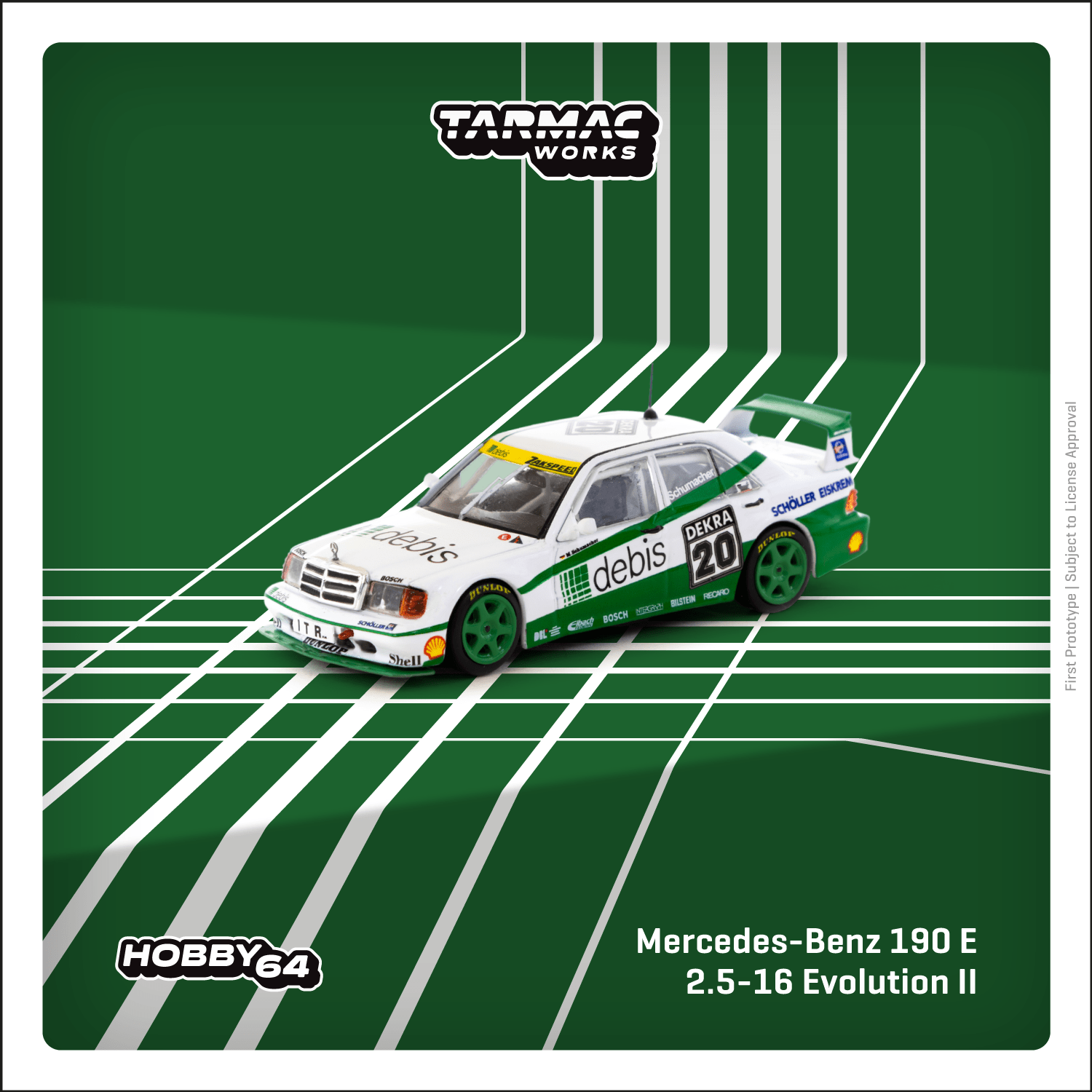Tarmac Works 1:64 Scale Mercedes Benz 190 E 2.5 16 Evolution II DTM 1991 Michael Schumacher Diecast Model Car - Perfect for Collectors, Racing Enthusiasts, and Display Cases