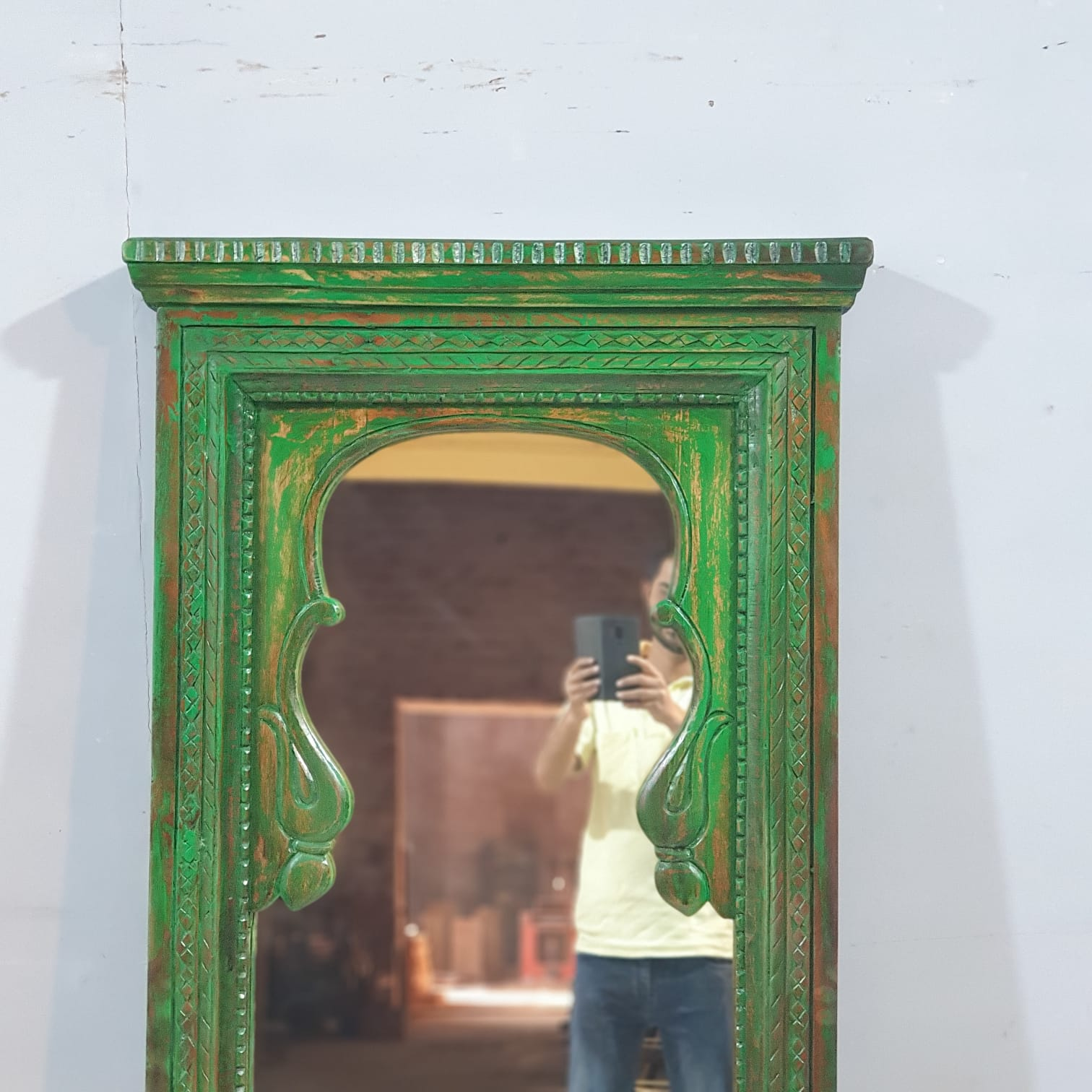 Handmade Indian Wooden Mirror Frame - Rustic Green Carved Design 70x150 cm - Perfect for Boho Home Decor, Living Room & Bedroom Wall Art