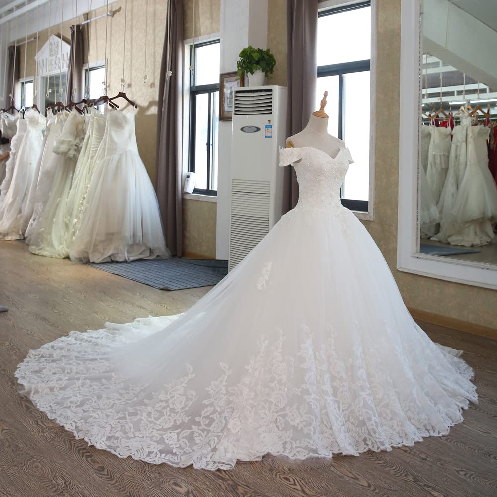 XYAYE Off Shoulder Lace Tulle Wedding Dress - Puffy Ball Gown with Long Train for Bride | Perfect for Church Ceremony, Beach Wedding & Formal Reception