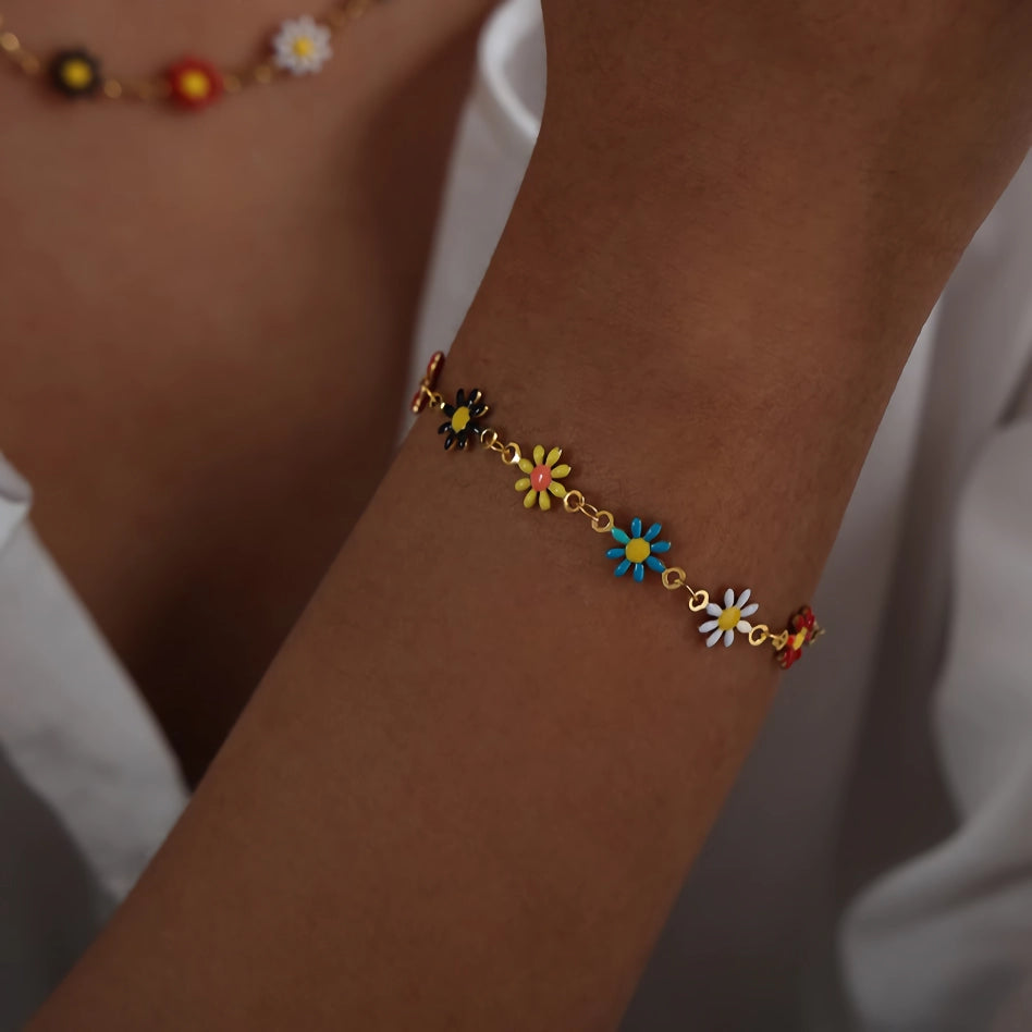 Bohemian Flower Stainless Steel Jewelry Set for Women - Colorful Necklace & Bracelet Combo | Boho Chic Accessories for Casual Wear, Festivals & Beach Outfits