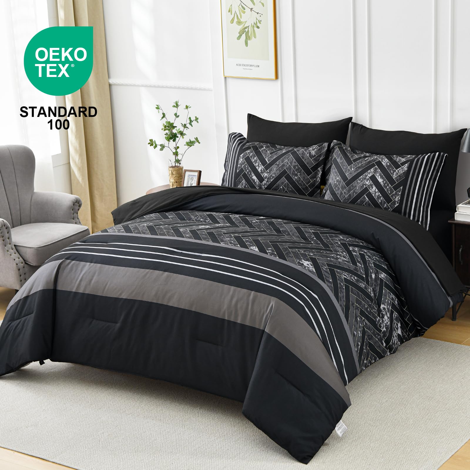 Luxudecor Black Queen Size 7-Piece Comforter Set - Geometric Stripe Bed in a Bag with Soft Microfiber Sheets | All-Season Complete Bedding Set for Cozy Bedroom Decor & Guest Room Essentials