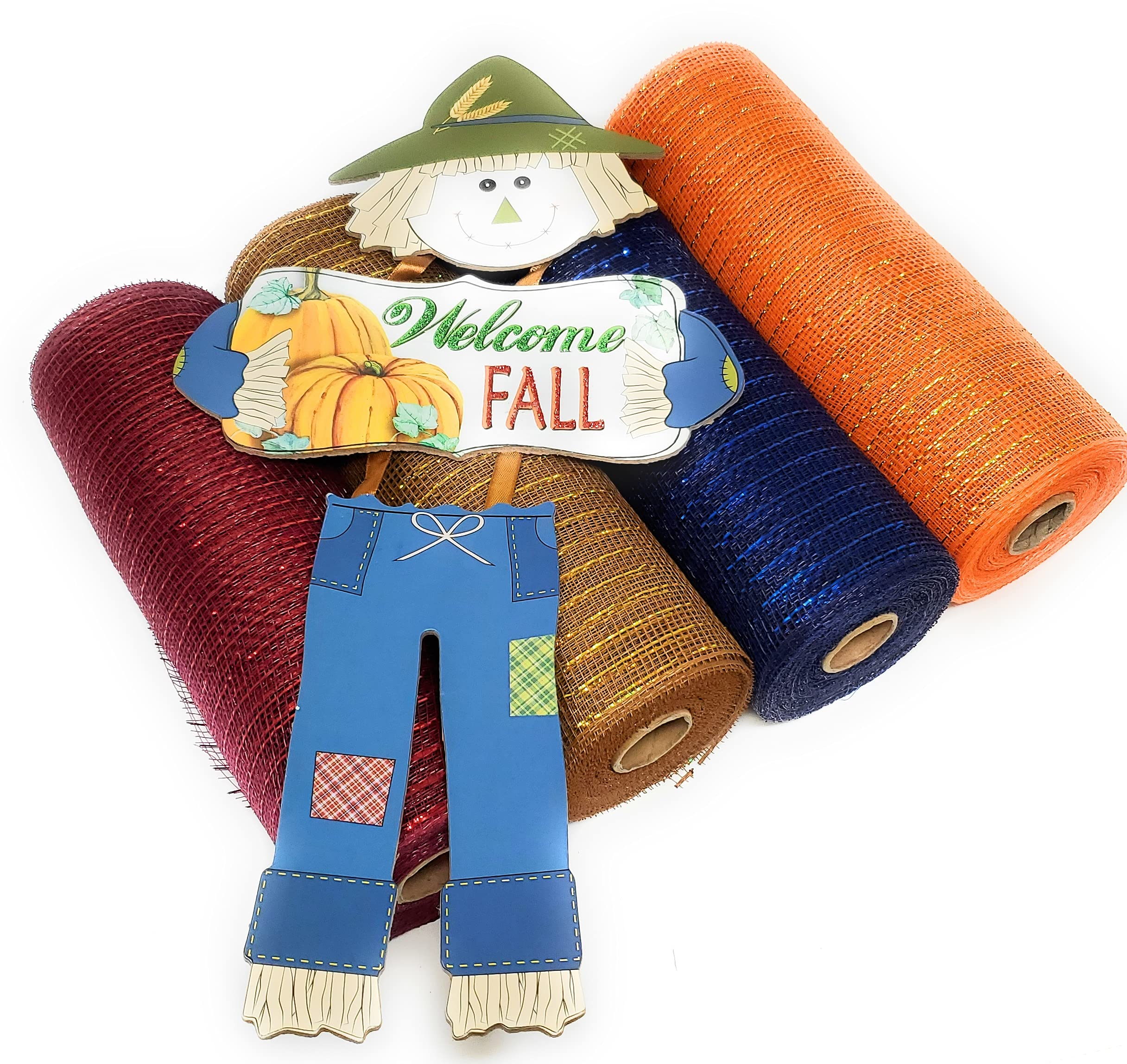 10-inch Scarecrow Harvest Pumpkin Deco Mesh Wreath Kit - Includes 4 Mesh Rolls & Fall Welcome Sign - Perfect for Autumn Front Door Decor, Thanksgiving Porch Display & Seasonal Home Decoration