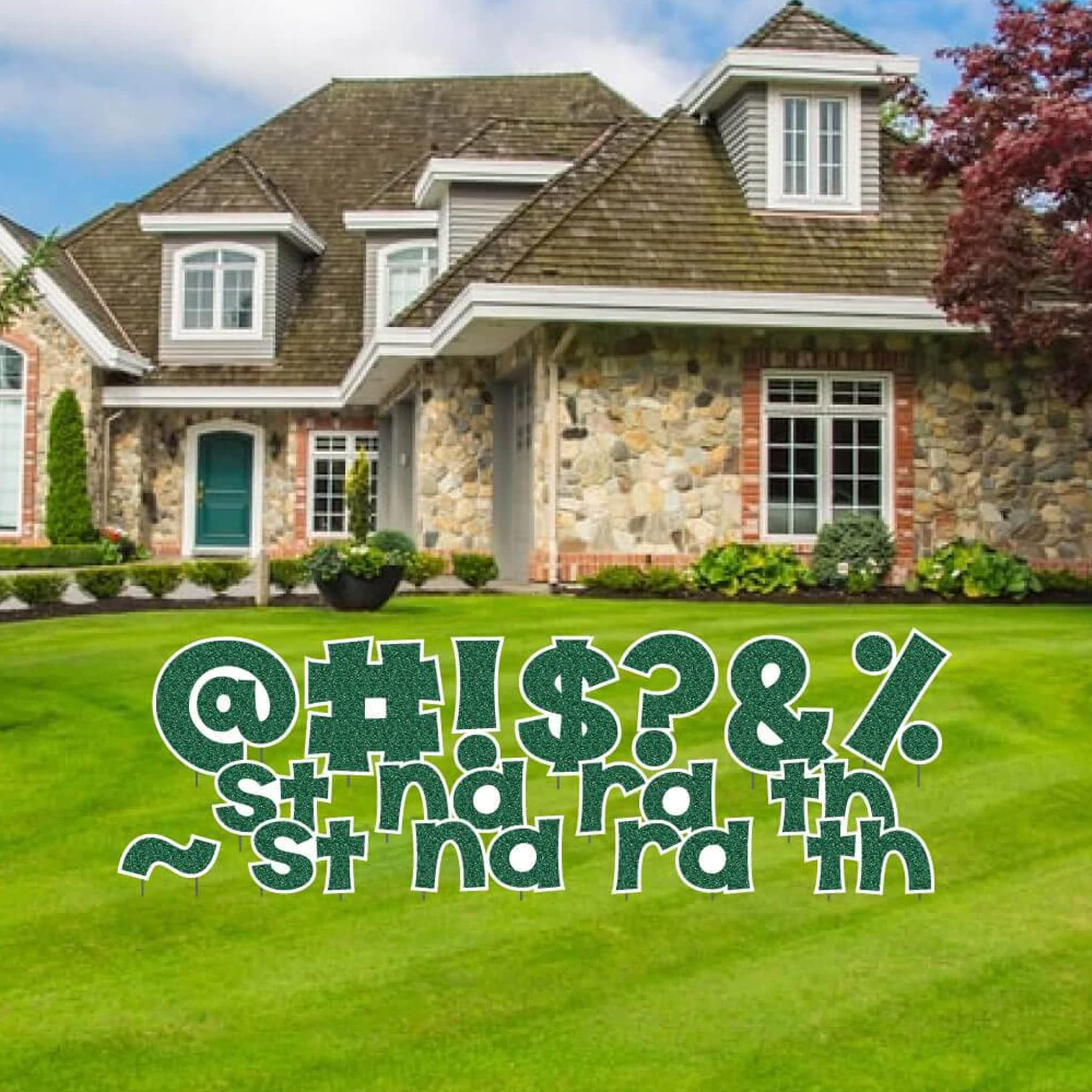 VictoryStore 24 Inch Special Characters Yard Sign Letters - 16 Piece Outdoor Lawn Decor Set with Stakes for Yard Card Rental Business (Green Faux Glitter) - Perfect for Birthdays, Graduations, Holidays & Outdoor Events