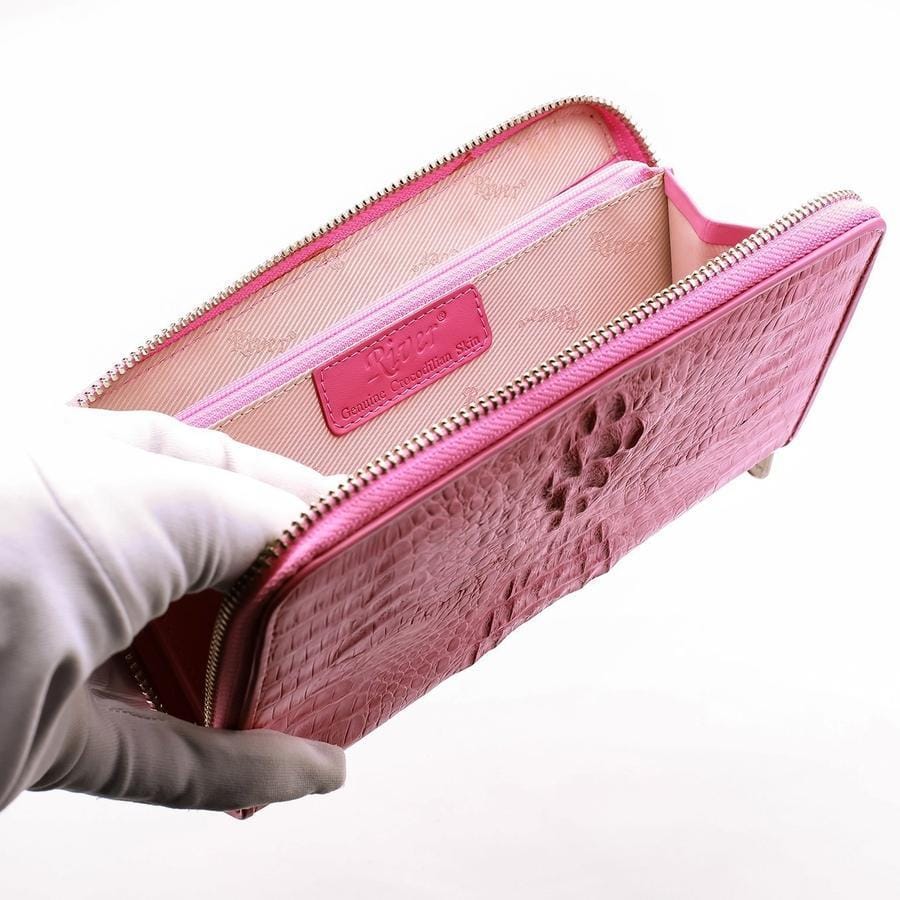 Pink Crocodile Leather Women's Long Wallet Purse - Elegant RFID Blocking Clutch for Everyday Use & Special Occasions