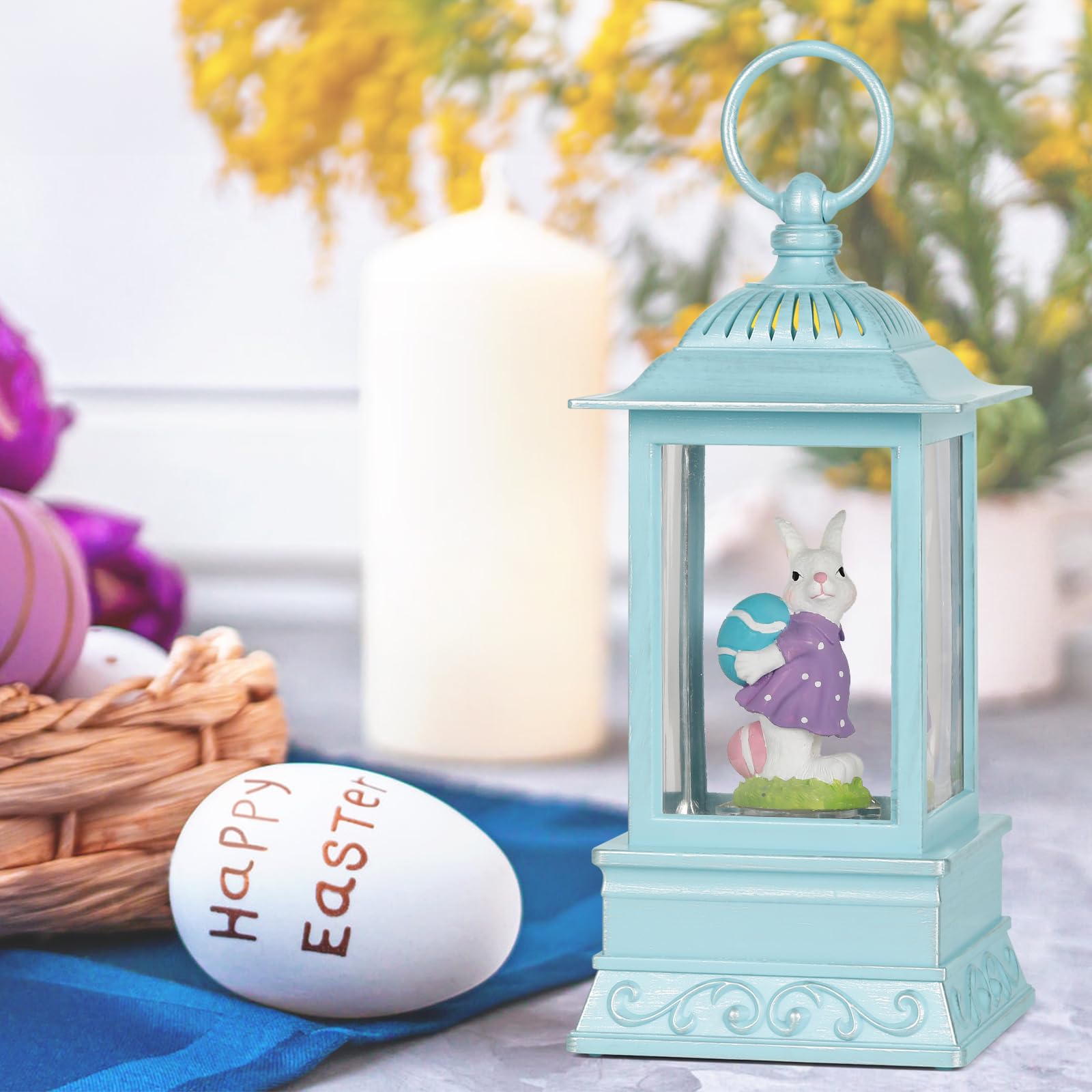 Easter Bunny Lighted Snow Globe Lantern with Swirling Glitter - Spring Holiday Home Decor for Tabletop, Mantel & Easter Party Decorations (Bunny & Eggs Design)