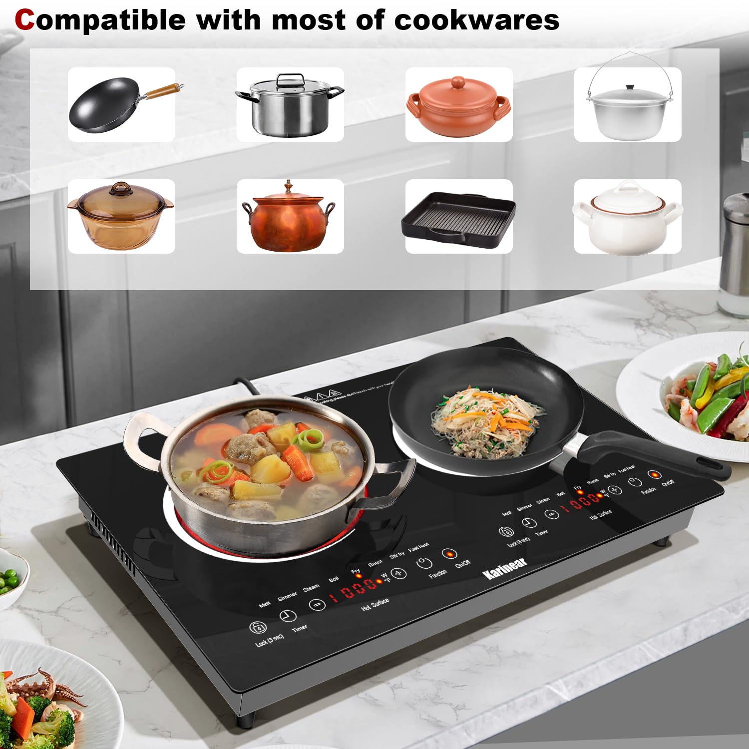 Karinear 24 Inch 2 Burner Electric Cooktop - 110V-120V Built-in or Countertop Stove with Touch Controls, Child Safety Lock, Timer & Outlet Plug - Perfect for Small Kitchens, Apartments & RVs (White)