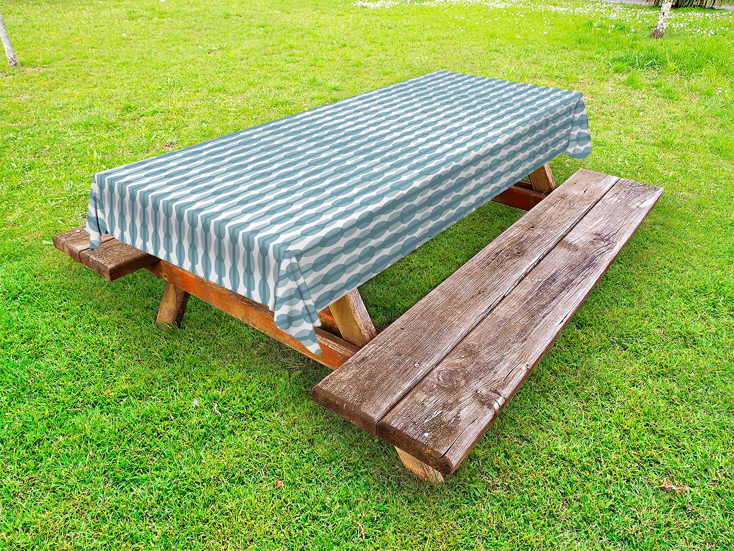 Ambesonne Waterproof Outdoor Tablecloth - Hand Drawn Stripes & Oval Sketch Design, Washable Picnic Table Cover 58x120 Inches, Blue Grey White for Patio, Garden Parties & BBQs