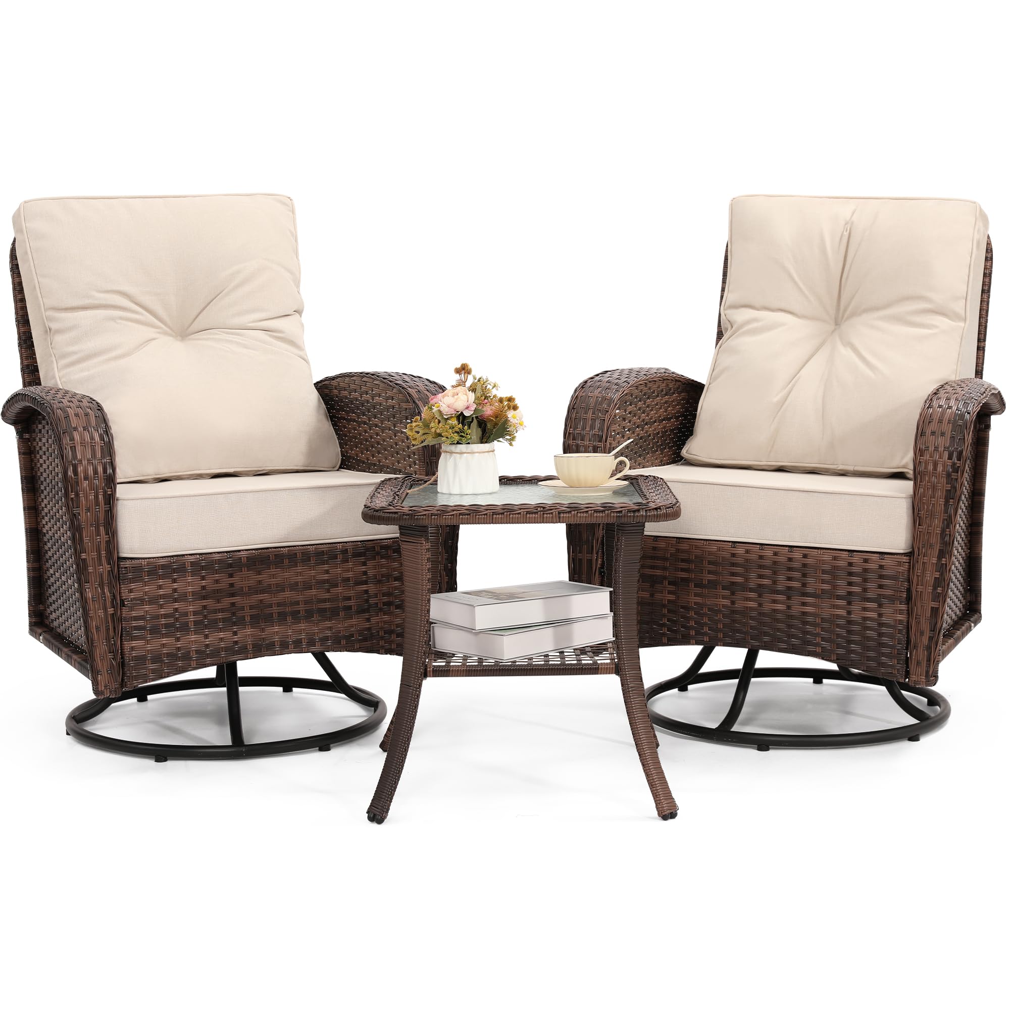 Kromax 3-Piece Patio Furniture Set - Outdoor Swivel Glider Rocker, Wicker Bistro Set with Rattan Rocking Chair & Glass Top Table - Thick Cushions for Porch, Deck, Garden or Backyard (Brown Rattan & Beige Cushion) - Perfect for Relaxing, Entertaining & Outdoor Dining
