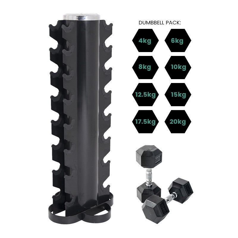 Premium Rubber Dumbbell Set with 8-Tier Vertical Storage Rack - Home Gym Equipment for Strength Training, Weight Lifting & Space Saving Workout Organization